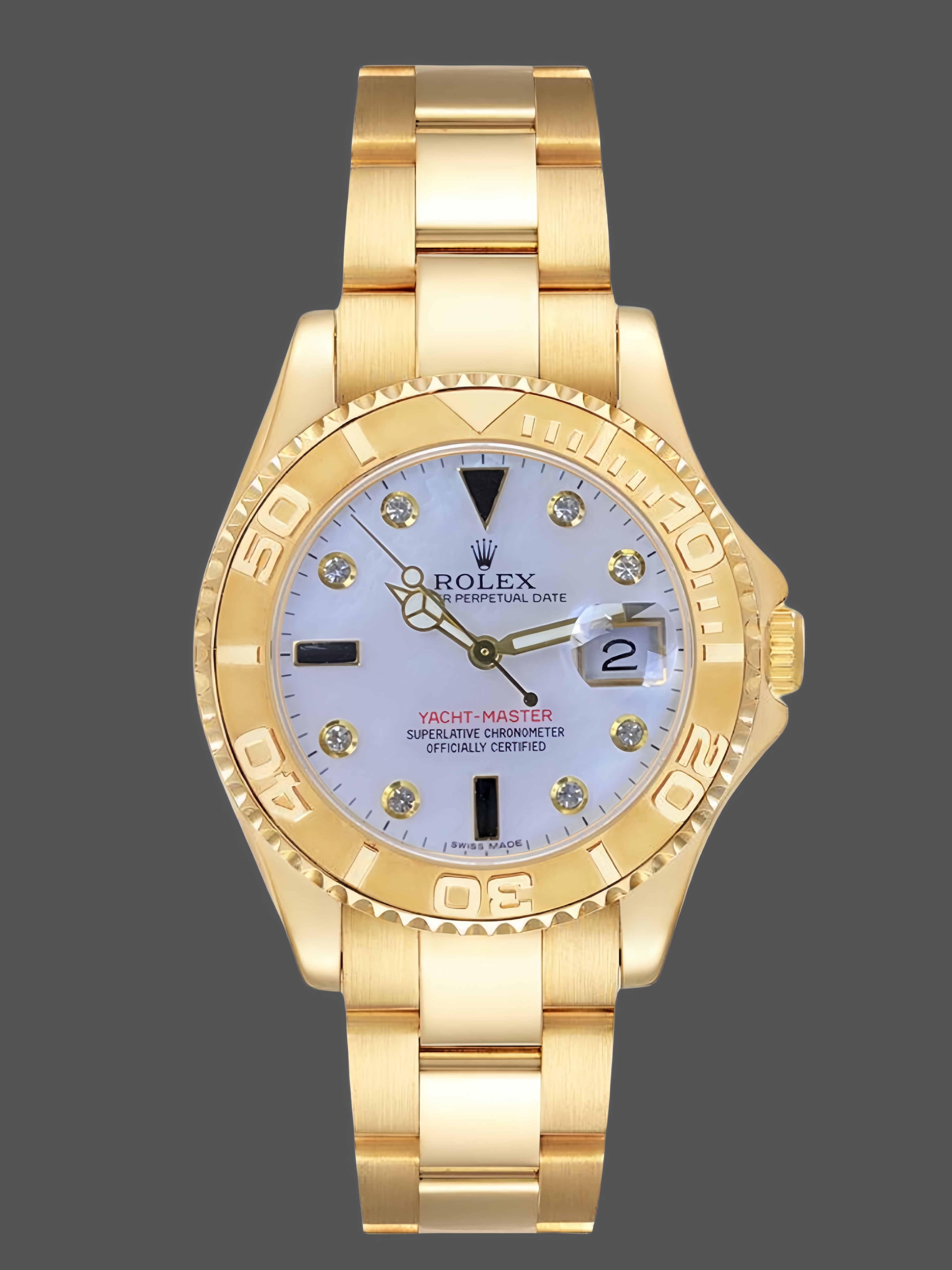 Rolex Yacht Master 168628 White Mother of Pearl Diamond Dial Yellow Gold Case 35mm Women's Watch