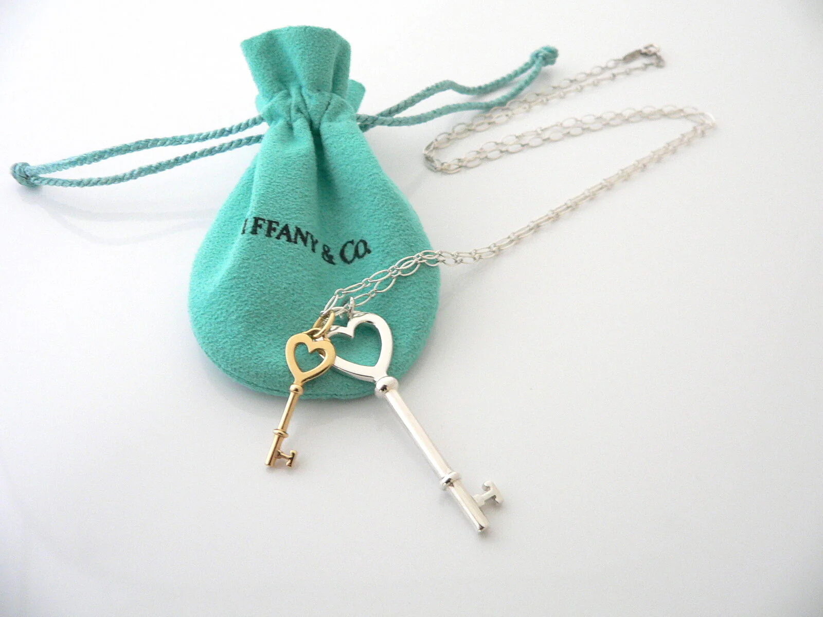 Tiffany Co Silver 18K Gold Large Heart Keys Necklace Pendant Charm 24 Inch Gift