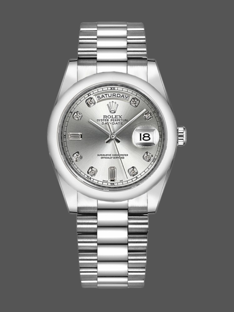 Rolex Day-Date 118206 Silver Diamond Dial Platinum 36mm Unisex Replica Watch