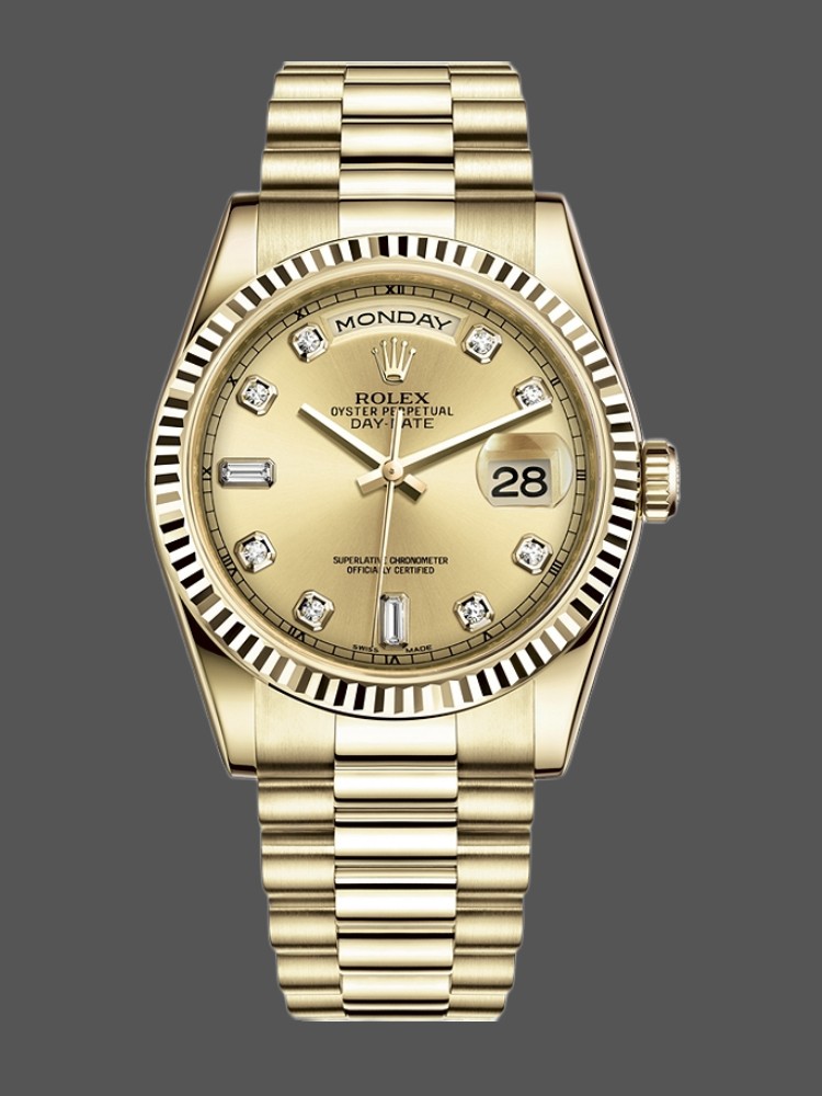 Rolex Day-Date 118238 Yellow Gold Diamond Champagne Dial 36mm Unisex Replica Watch