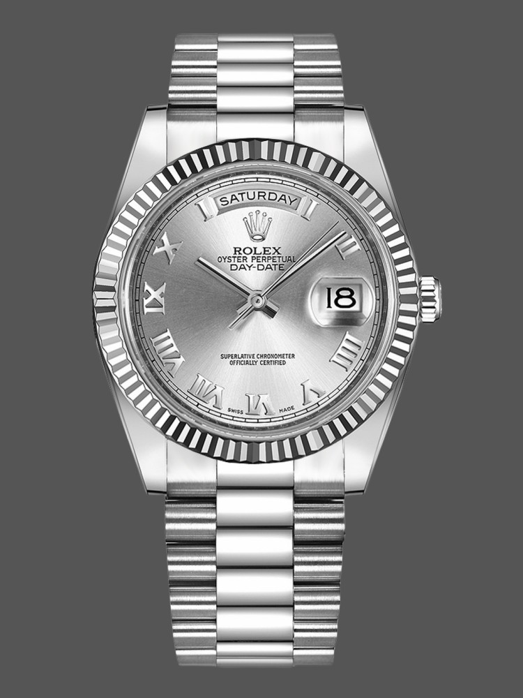 Rolex Day-Date 218239 Silver Roman Numerals Dial White Gold 41MM Mens Replica Watch