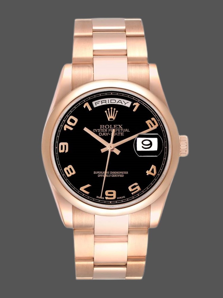 Rolex President Day Date 118205 Rose Gold Black Dial 36mm Unisex Replica Watch
