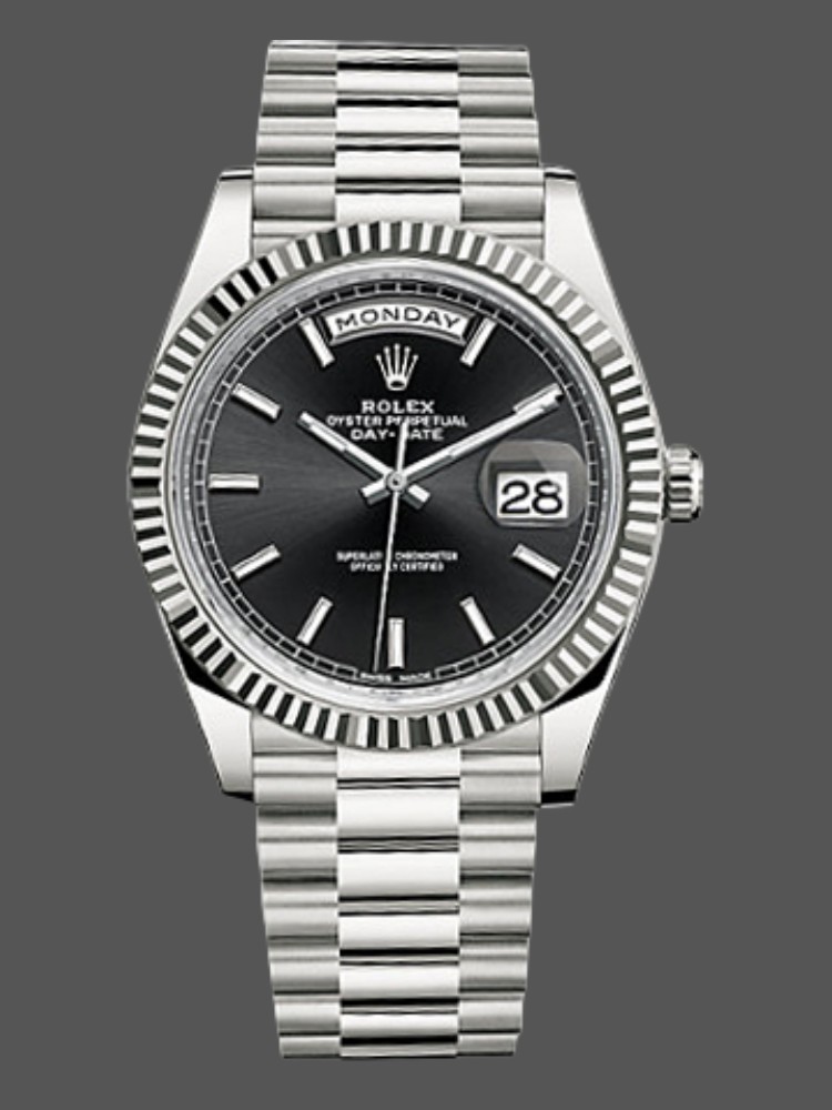 Rolex Day-Date 228239 Black Index Dial Fluted Bezel 40mm Mens Replica Watch