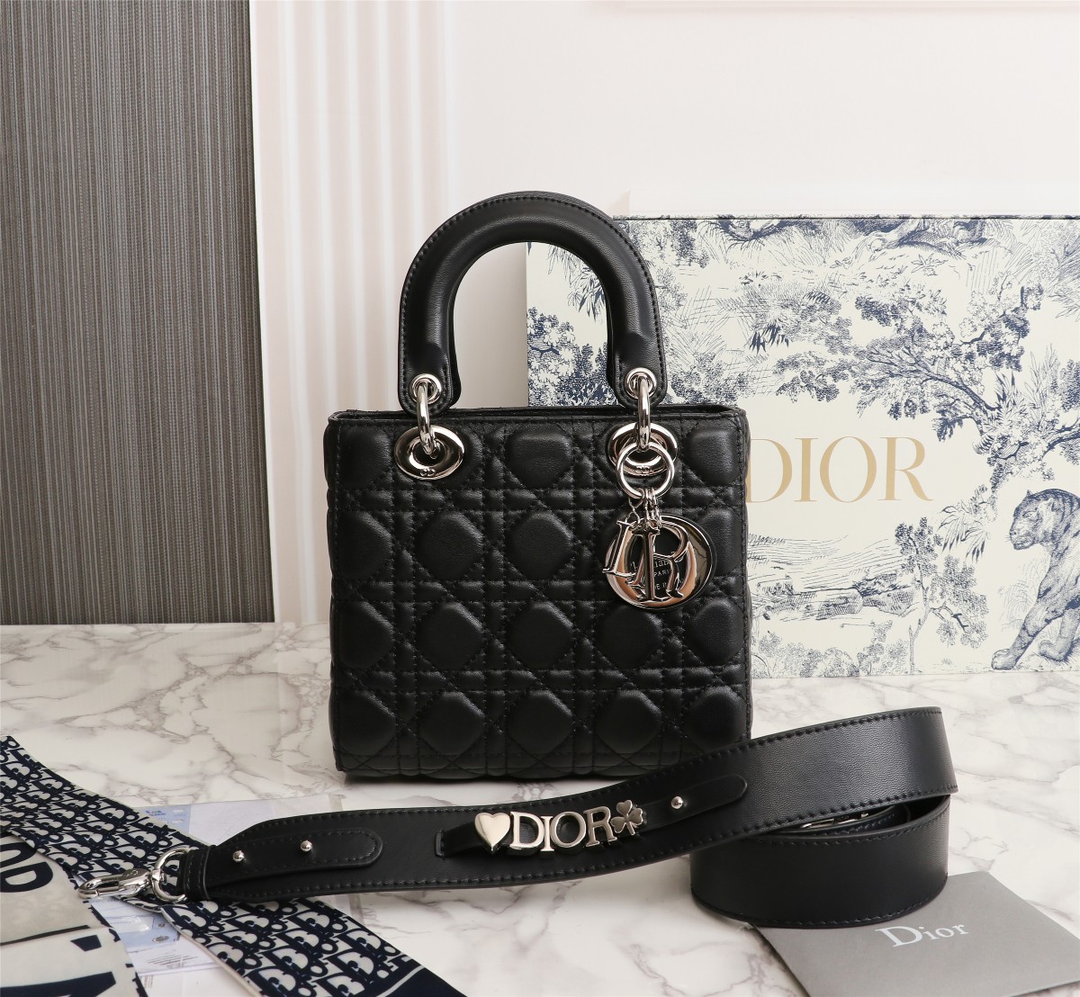 Small Lady Dior My ABCDior Bag Black Silver Sheepskin 1022 LM061 20cm
