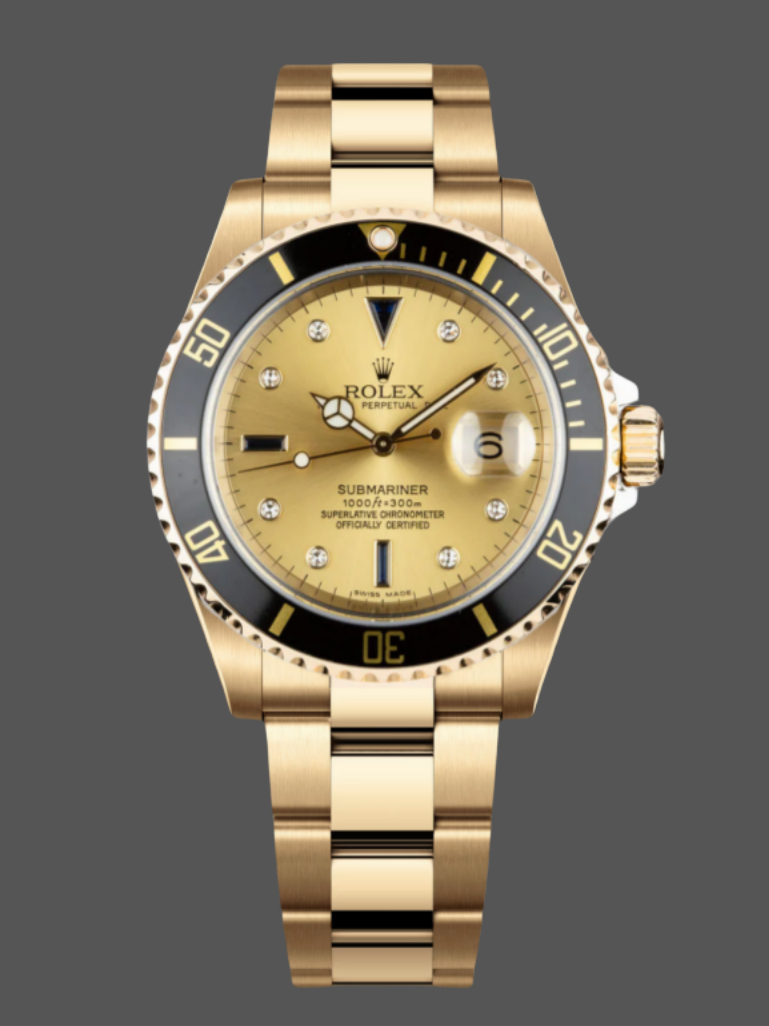 Rolex Submariner 40 18k Champagne Diamond Dial Black Bezel 16613T Gold Watch