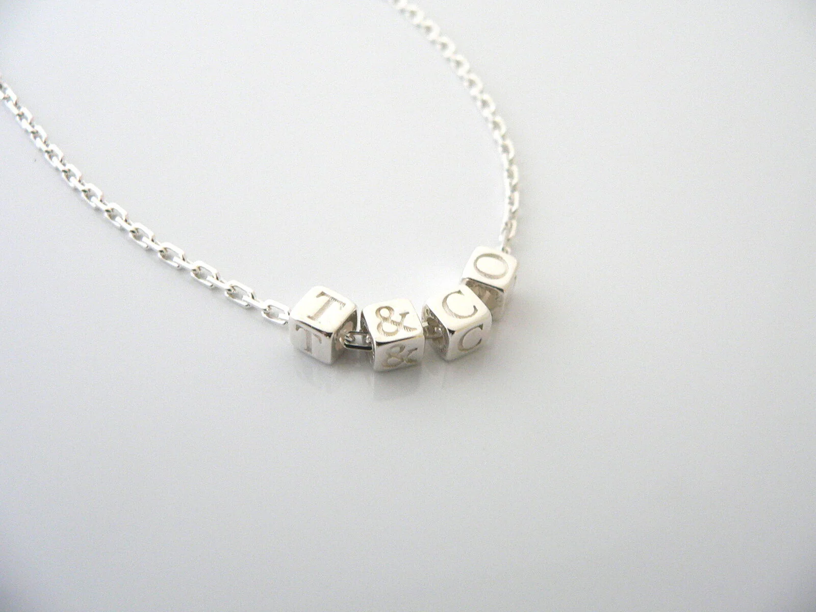 Tiffany & Co Silver ERA T & Co Cube Necklace Pendant Charm 18 Inch Chain Mint