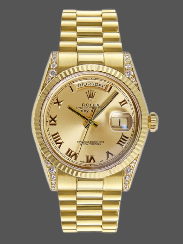 Rolex Day-Date 118338 Champagne Roman Dial Diamond Bezel 36MM Unisex Replica Watch