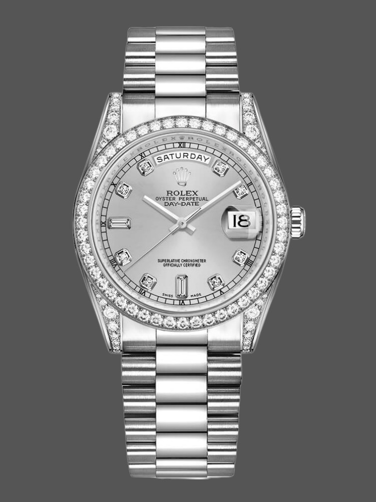 Rolex Day-Date 118389 White Gold Silver Diamond dial 36MM Unisex Replica Watch