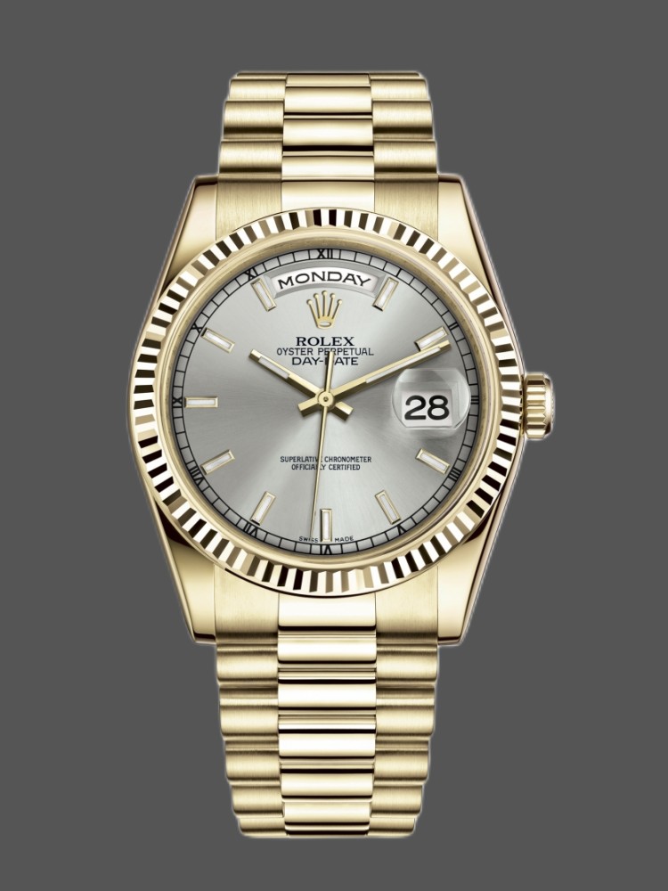 Rolex Day-Date 118238 Silver dial Fluted Bezel 36mm Unisex Replica Watch