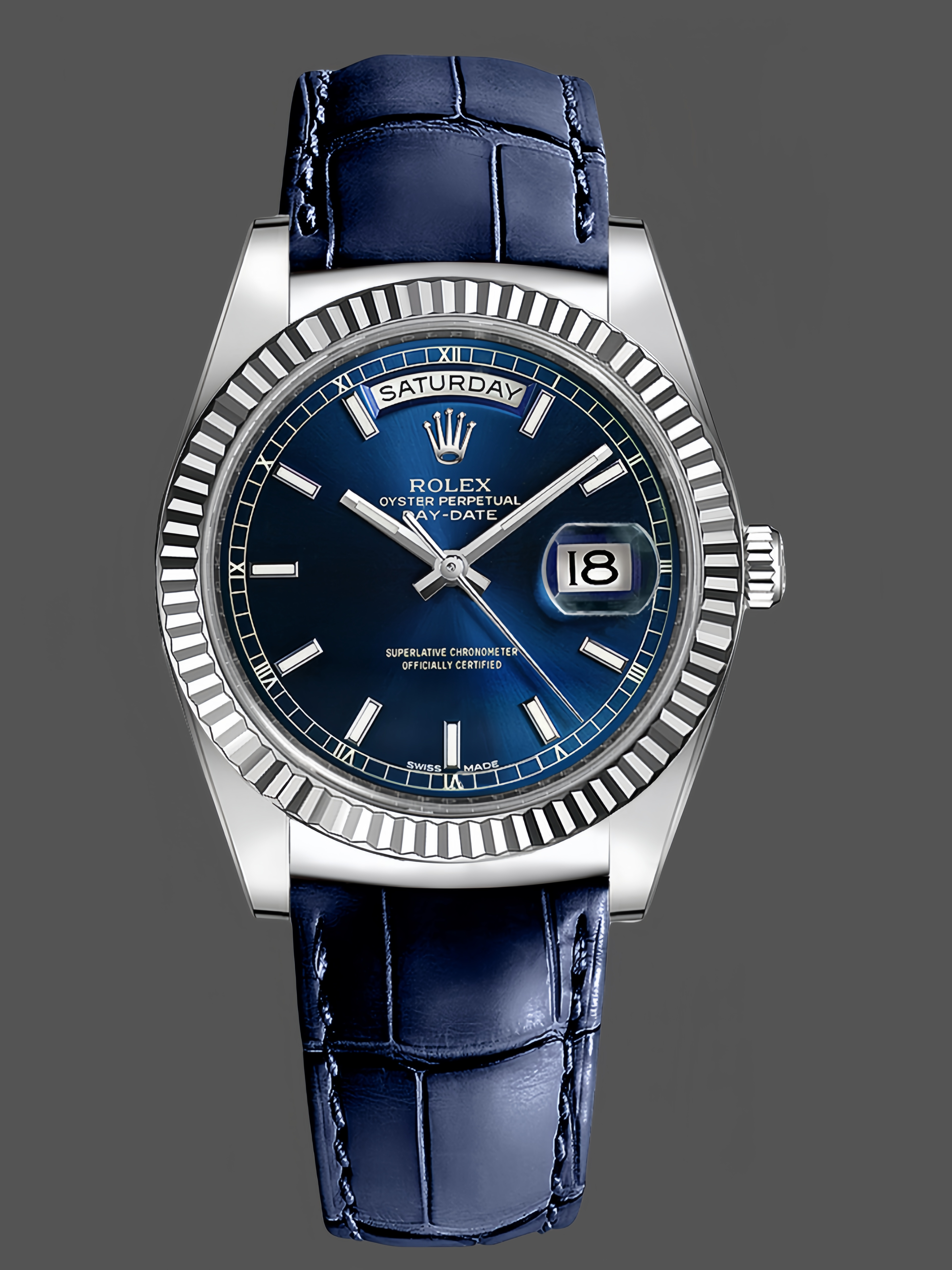 Rolex Day Date 36mm White Gold Fluted Bezel 118139 0004 Blue Index