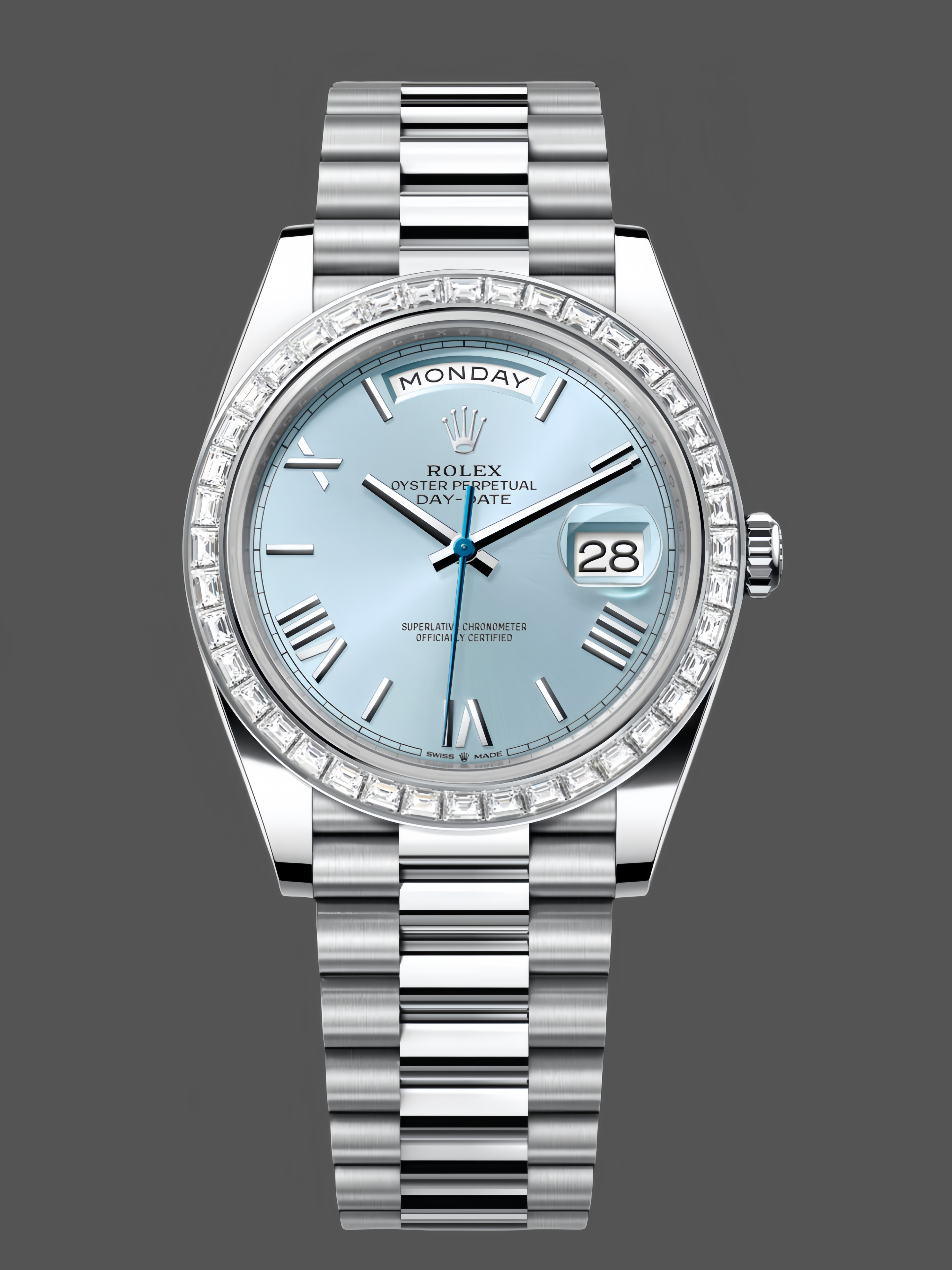 Rolex Day-Date 228396TBR 0030 Ice Blue Dial Platinum Diamond Bezel 40mm Mens Replica Watch