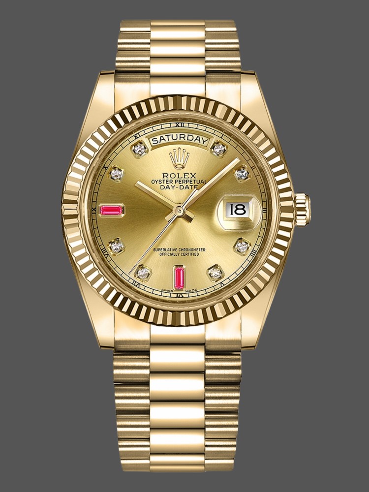 Rolex Day-Date 218238 Champagne Ruby Dial Yellow Gold 41MM Mens Replica Watch