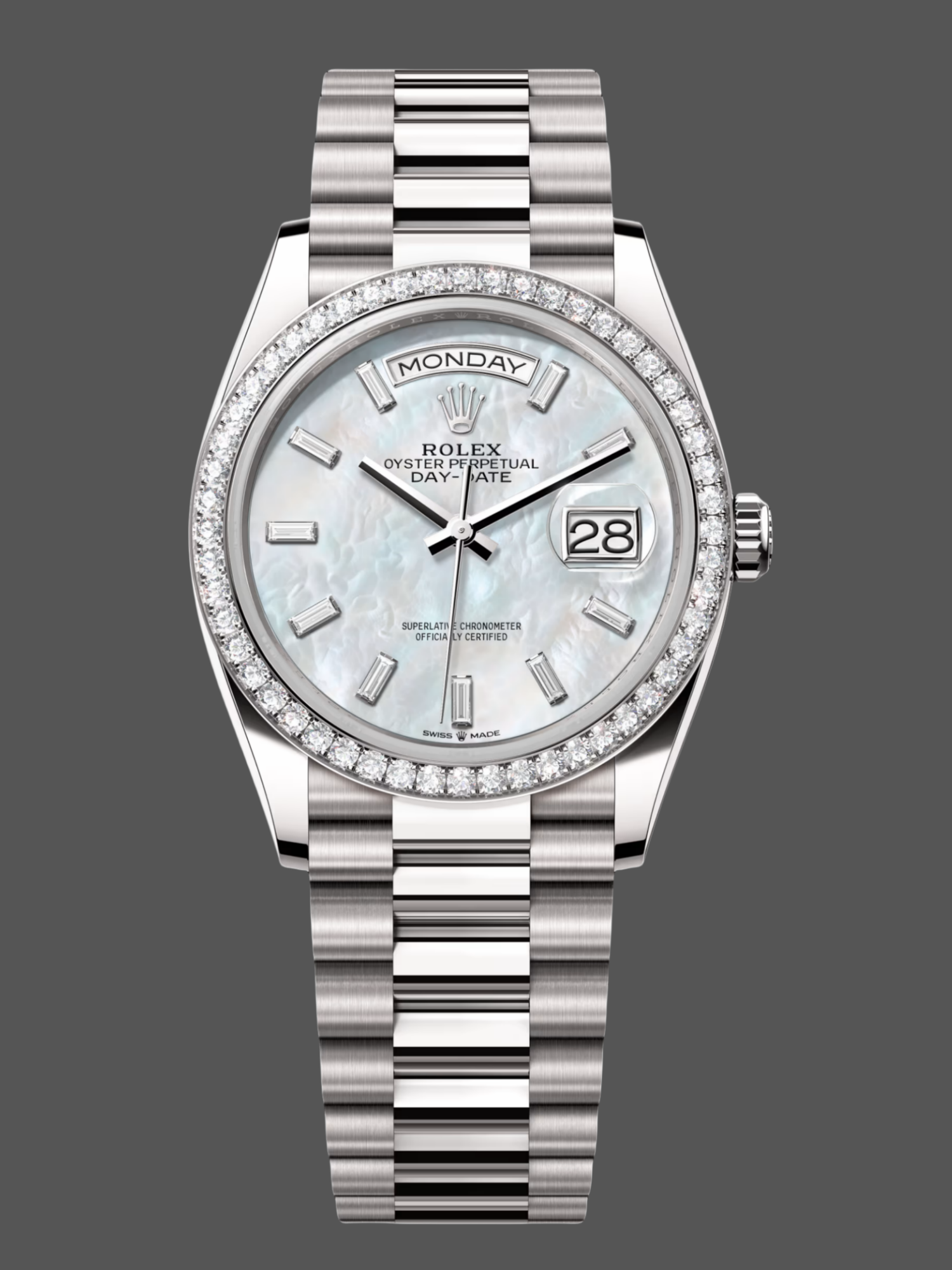 Rolex Day-Date 128349RBR White Mother of Pearl Dial Diamond Bezel 36MM Lady Replica Watch