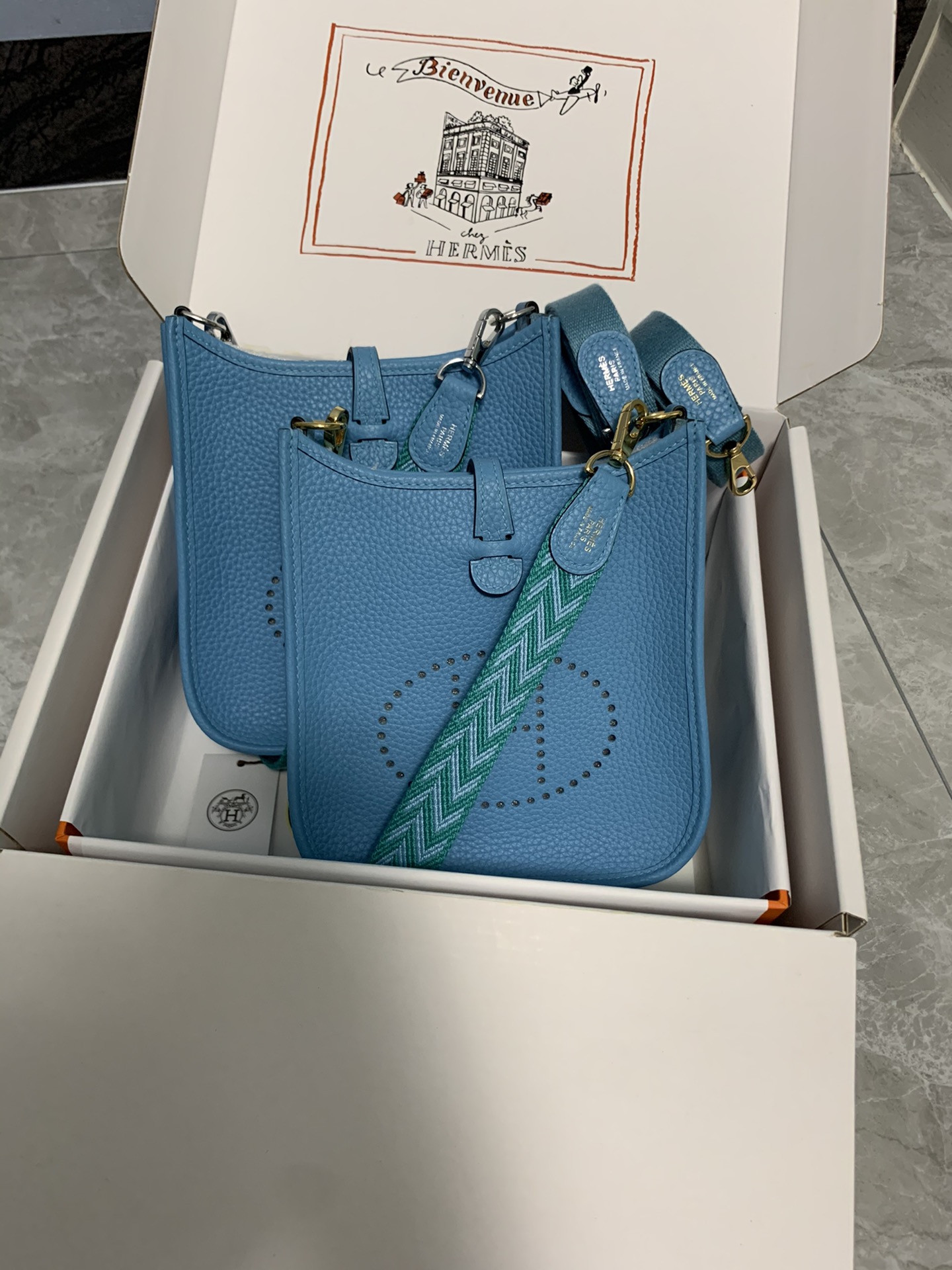 Replica Hermes Evelyne Mini Bag 17cm Original Togo Leather Light Blue-1