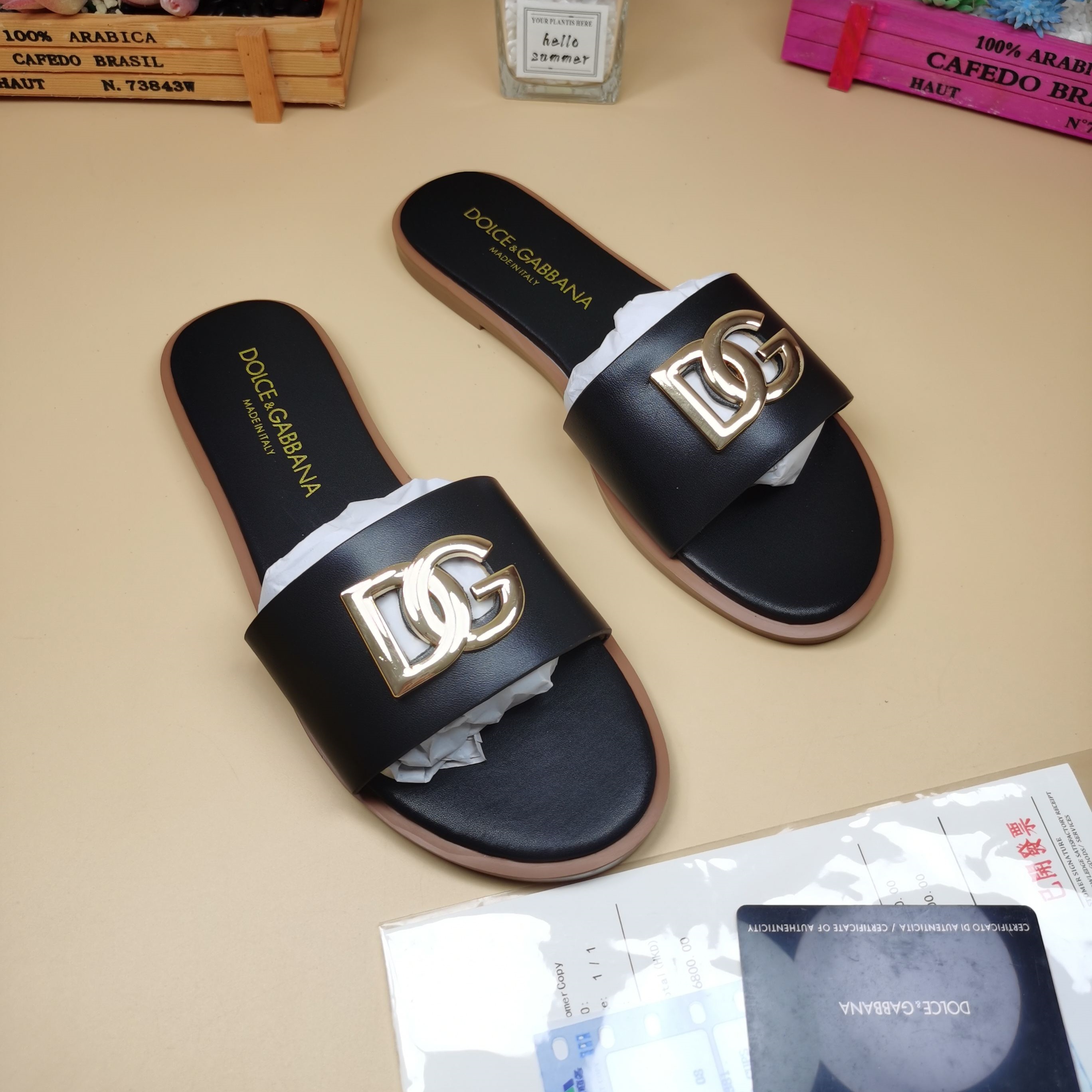 D&G Shoes DG large gold buckle steel women's slippers