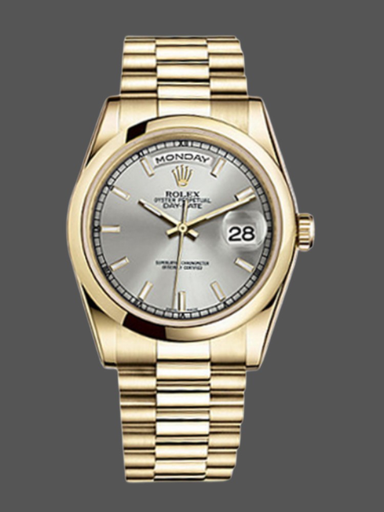 Rolex Day-Date 118208 Silver Dial Domed Bezel 36mm Unisex Replica Watch