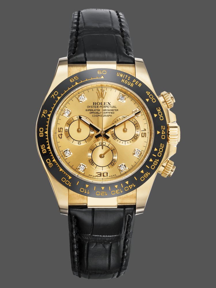 Rolex Daytona 116518 Leather Strap Diamond Champagne Dial 40mm Mens Replica Watch