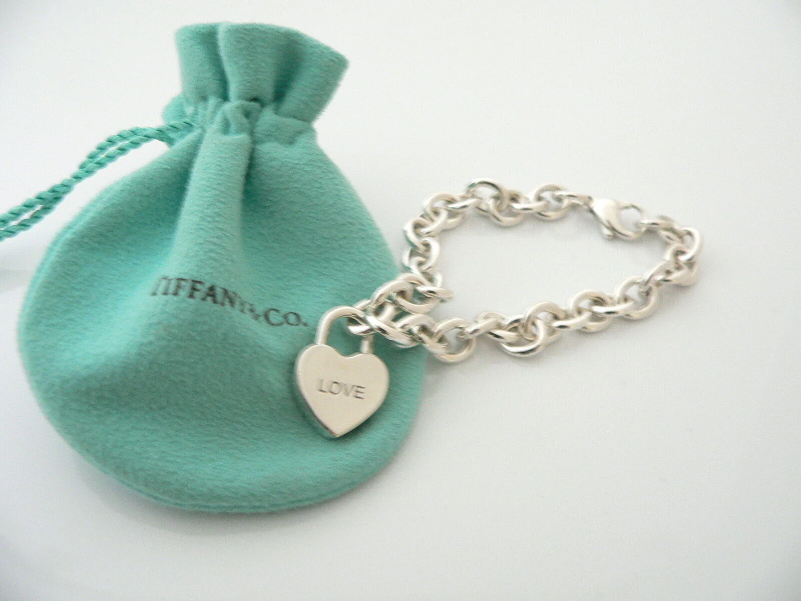 Tiffany & Co Silver LOVE Heart Bracelet Bangle Padlock Charm 7.75 Inch Gift Love