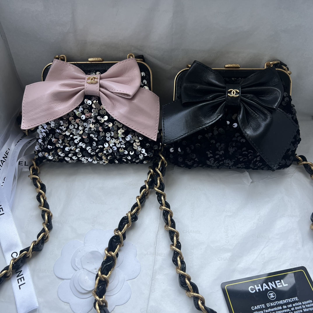 Chanel Bow Cute Clip Bag Sequins Cowhide