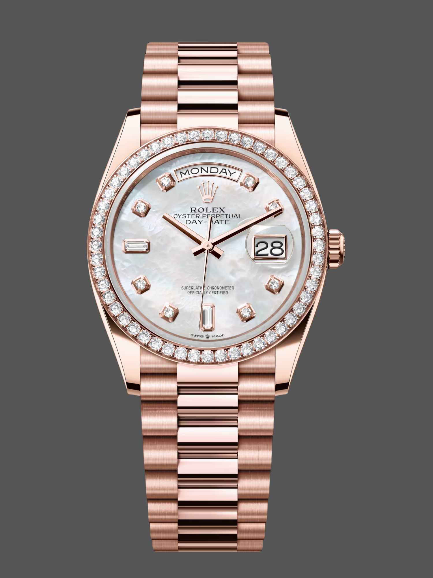 Rolex Day-Date 36MM 128345RBR 0028 Mother of Pearl White Dial Everose Gold Unisex Replica Watch