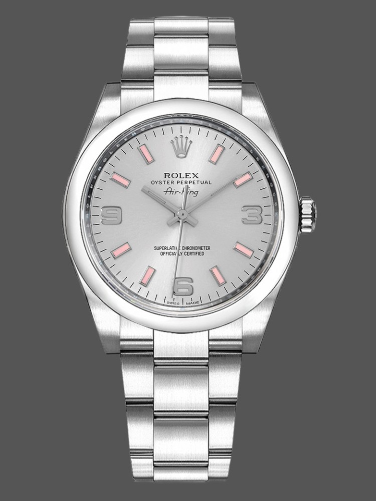 Rolex Oyster Perpetual Air-King 114200 Silver Dial Pink Baton 34mm Unisex replica watch