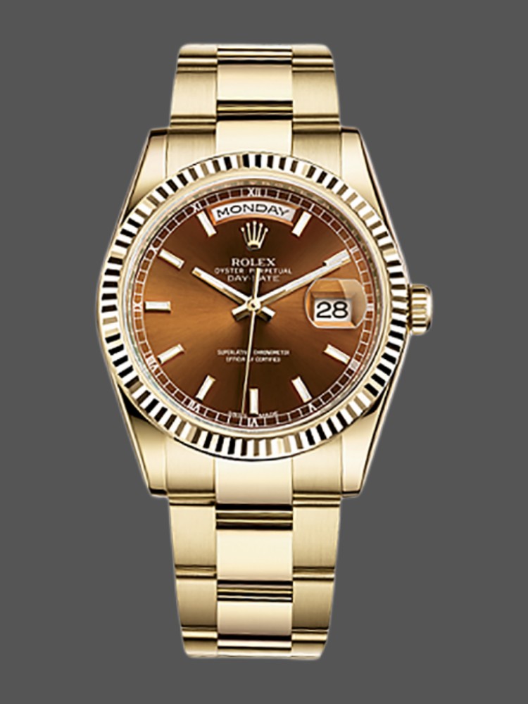 Rolex Day-Date 118238 Index Cognac Dial Fluted Bezel 36mm Unisex Replica Watch