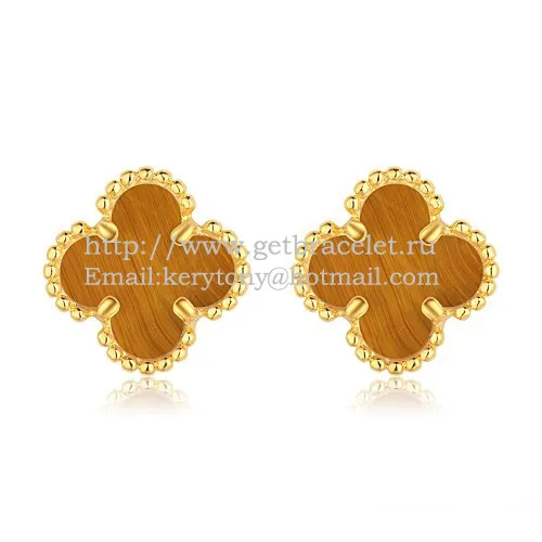 Van Cleef & Arpels Sweet Alhambra Earrings Yellow Gold With Tiger's Eye Mother Of Pearl