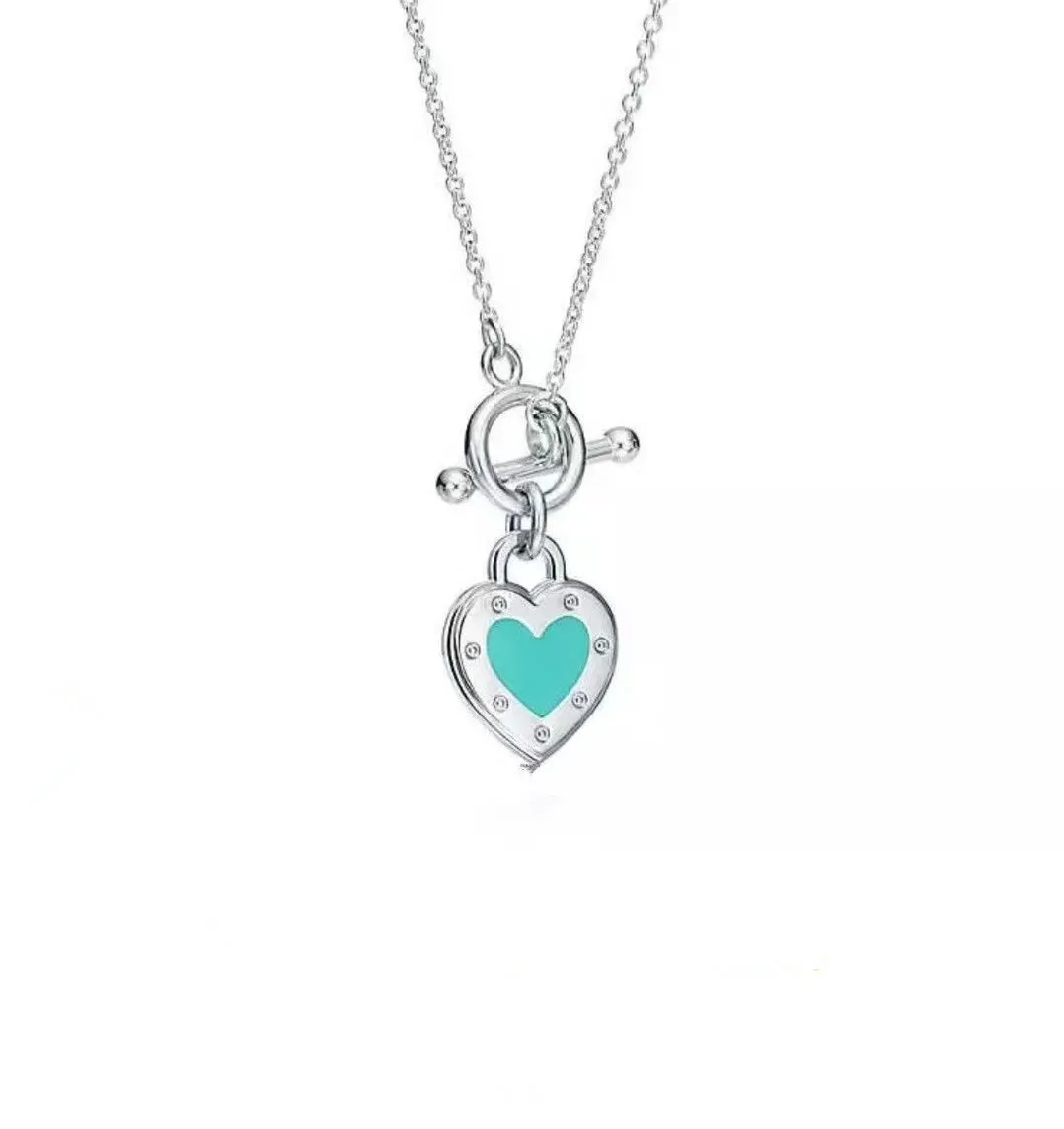 New Style Tiffany Return To Turquoise Love Heart Toggle Pendant Blue Enamel Silver Women Necklace Fake