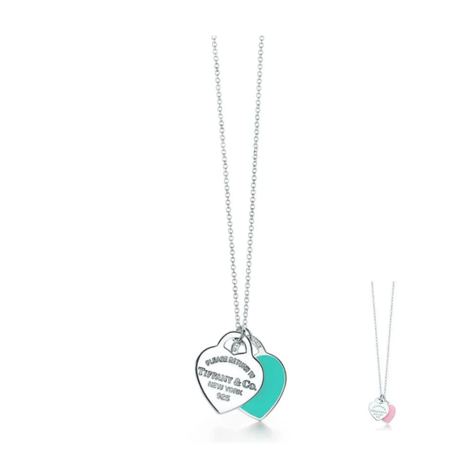 Most Luxury Tiffany Blue & Silver Mini Double Heart Tag Pendant Necklace Women Jewellery GRP06366/28751249