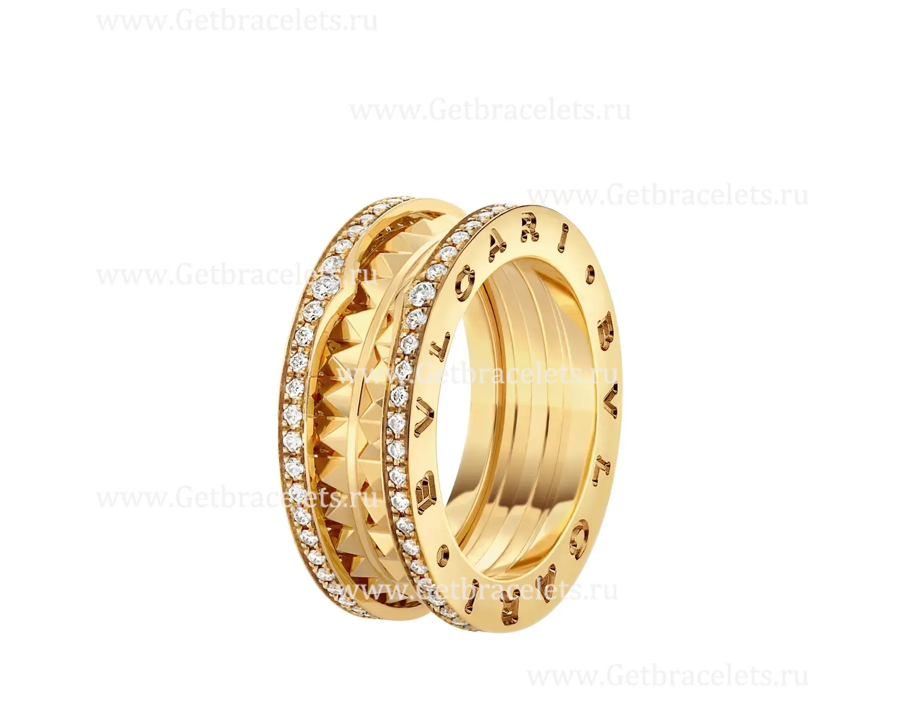 2020 New B.zero1 Rock 2-Band Ring in 18kt Yellow Gold with Studded Spiral and Pave Diamonds on the Edges