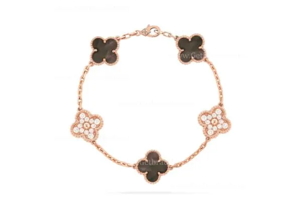 Replica Van Cleef Arpels Vintage Alhambra Bracelet 5 motifs With Diamonds and Gray Mother-of-pearl