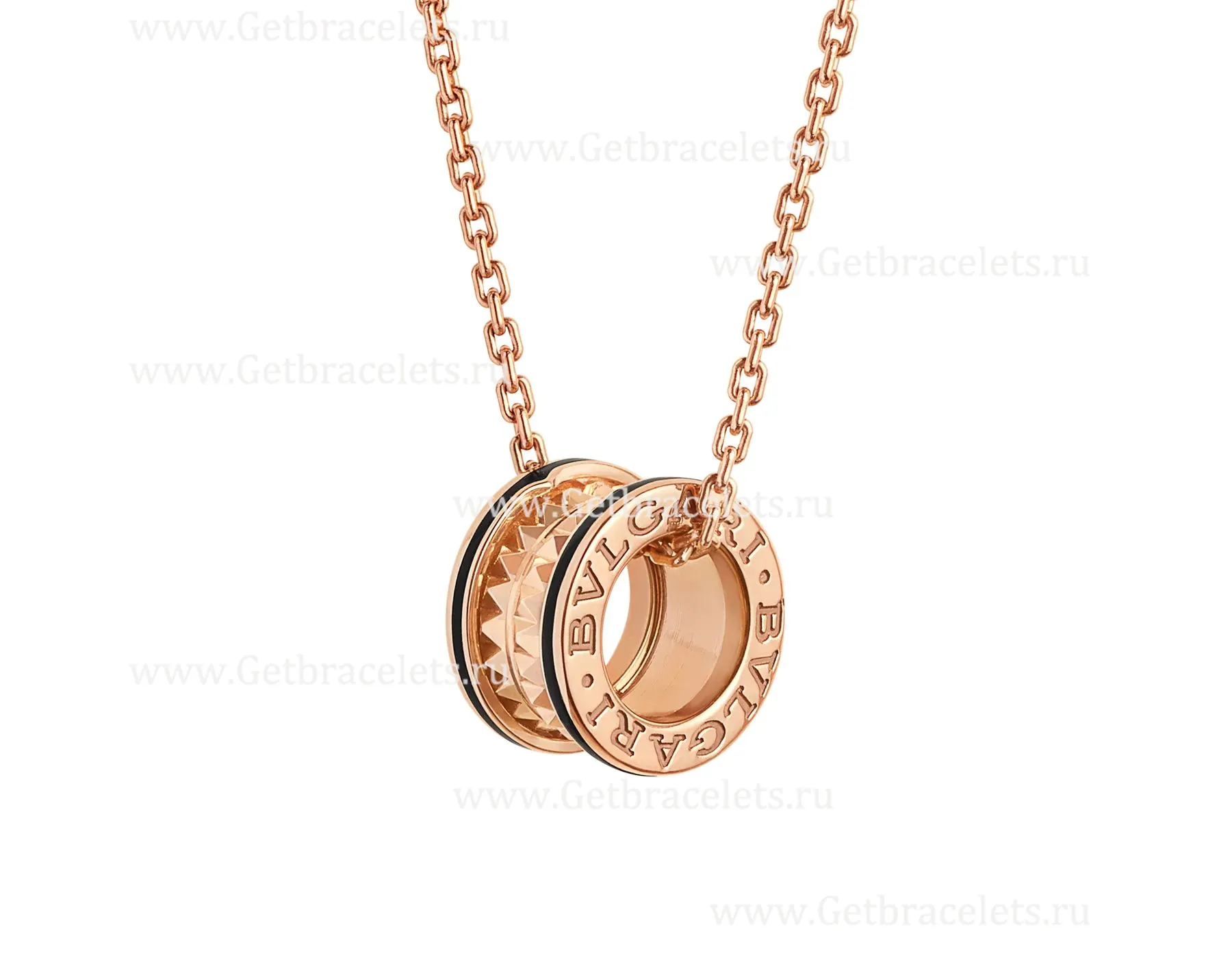 B.zero1 Rock Necklace with 18kt Rose Gold Pendant with Studded Spiral Black Ceramic Inserts on the Edges
