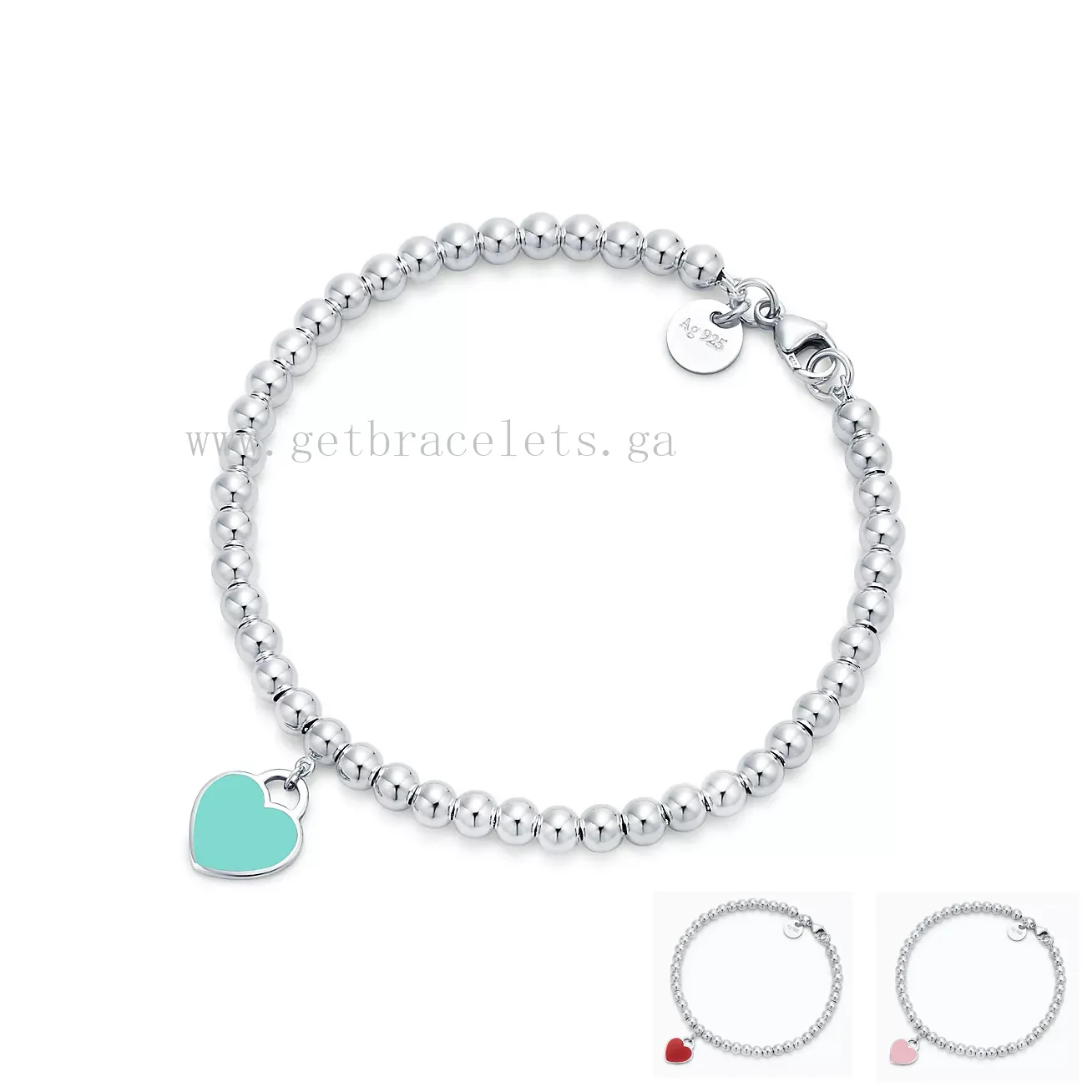 Return to Tiffany Pink/Red/Blue Tag Bead Bracelet in Silver 4 mm