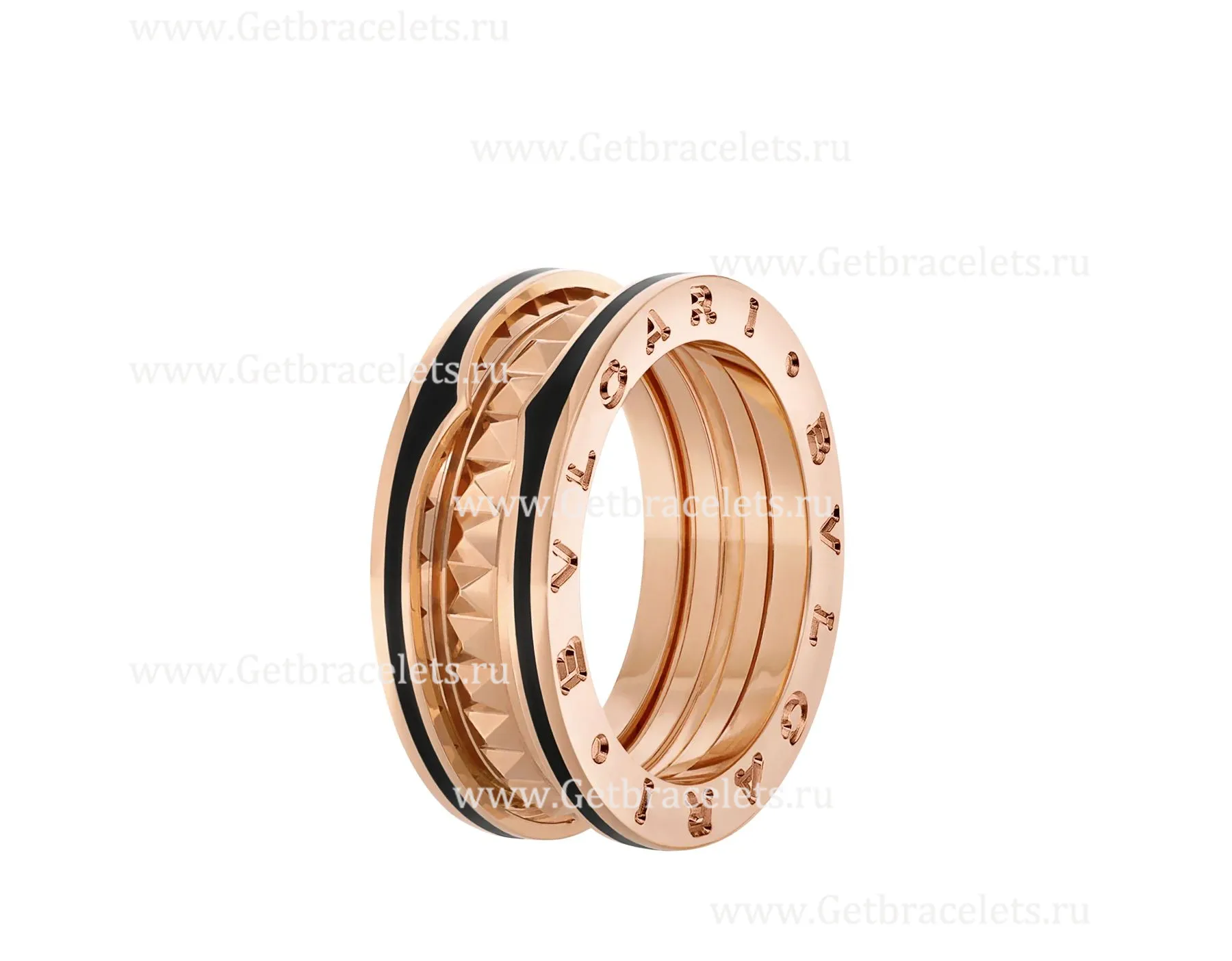 2020 New B.zero1 Rock 2-band Ring in 18kt Rose Gold with Studded Spiral and Black Ceramic Inserts on the Edges