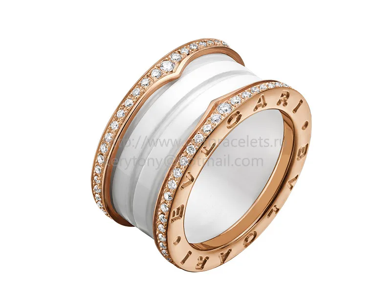 B.zero1 4-Band Ring Rose Gold and White Ceramic with Pave Diamonds Along the Edges