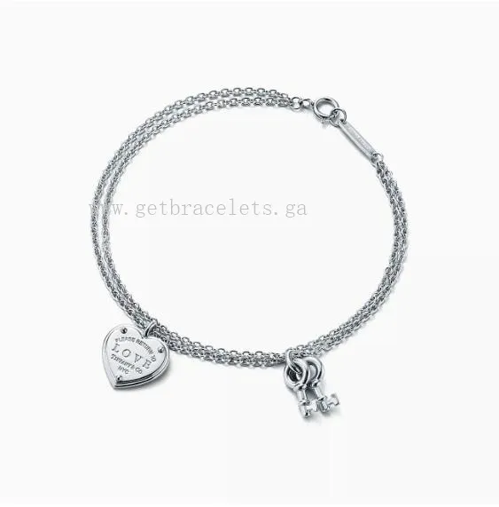 Return to Tiffany Love Heart Tag Key Bracelet in Silver/Rose Gold