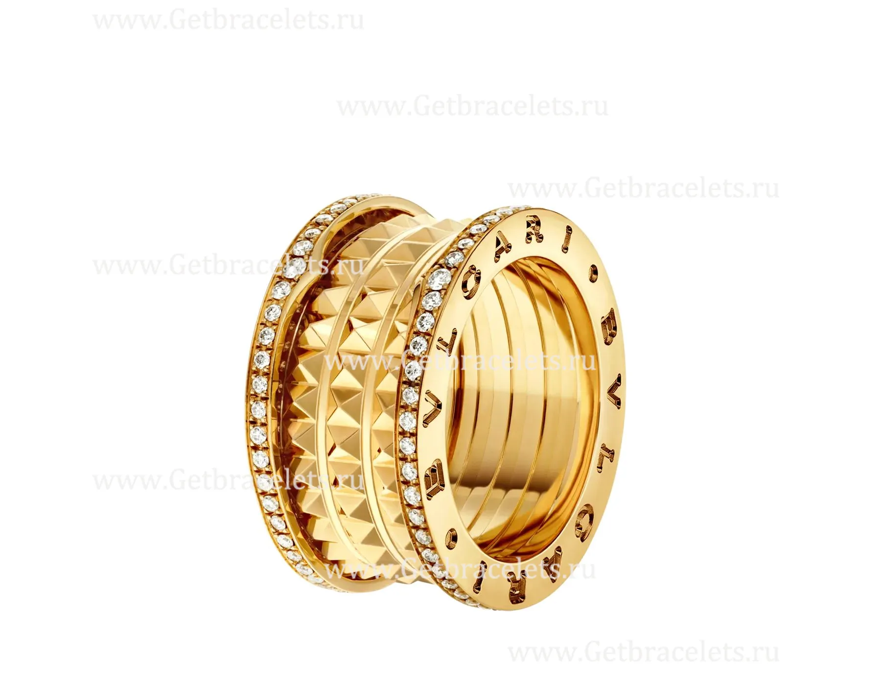 2020 New B.zero1 Rock 4-Band Ring in 18kt Yellow Gold with Studded Spiral and Pave Diamonds on the Edges