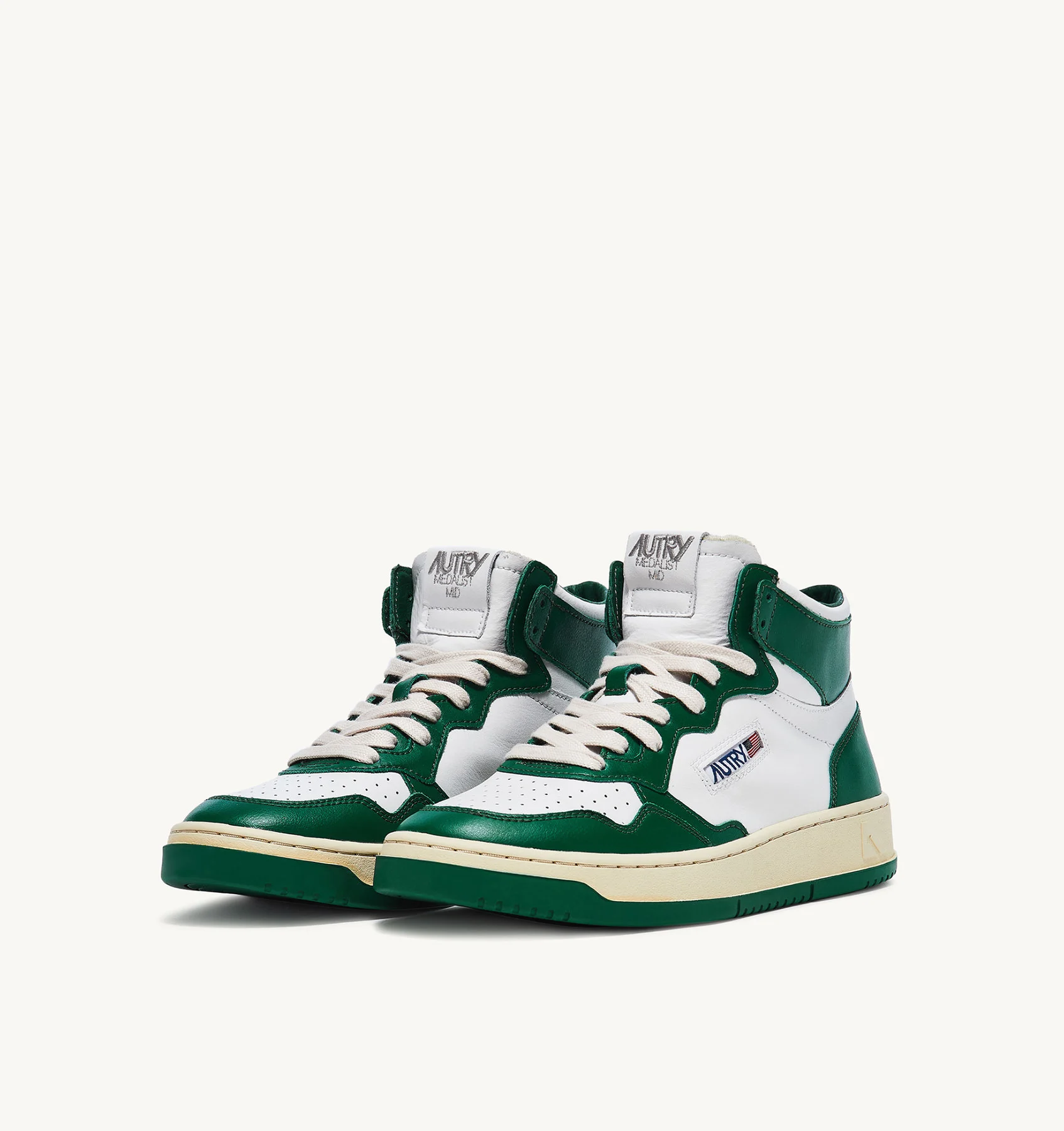 MEDALIST MID SNEAKERS IN WHITE AND GREEN LEATHER