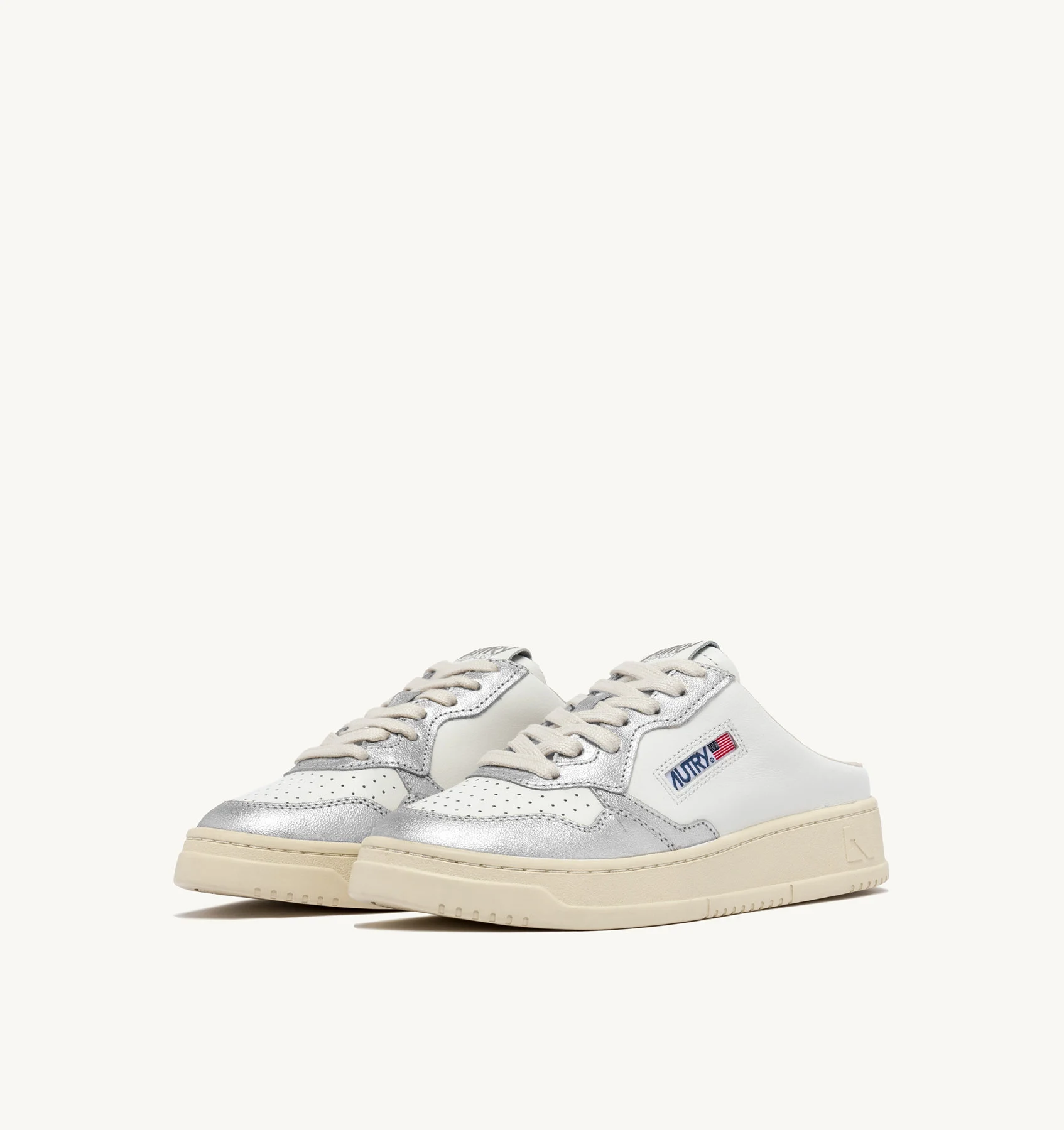 MEDALIST SABOT SNEAKERS IN WHITE AND SILVER LEATHER