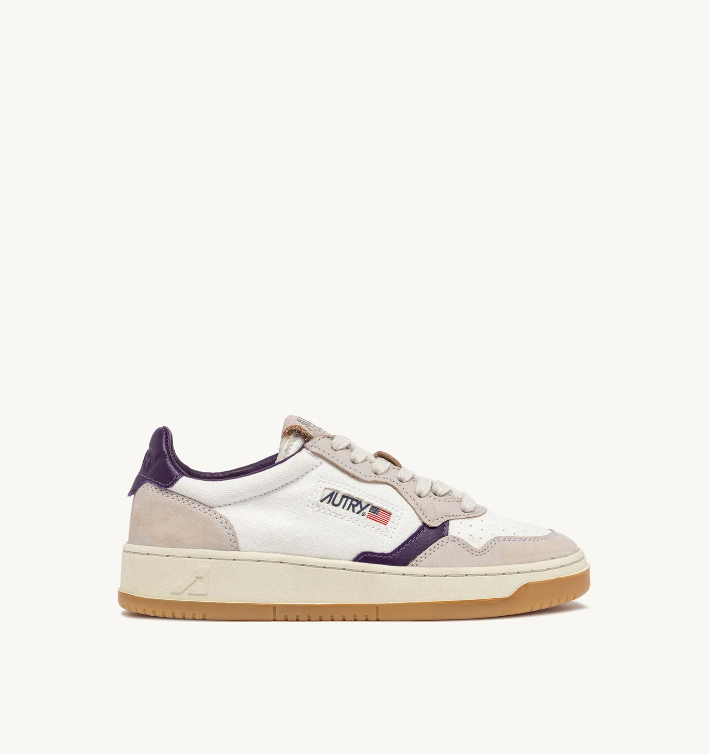 MEDALIST LOW SNEAKERS IN WHITE CANVAS AND BEIGE/PURPLE LEATHER