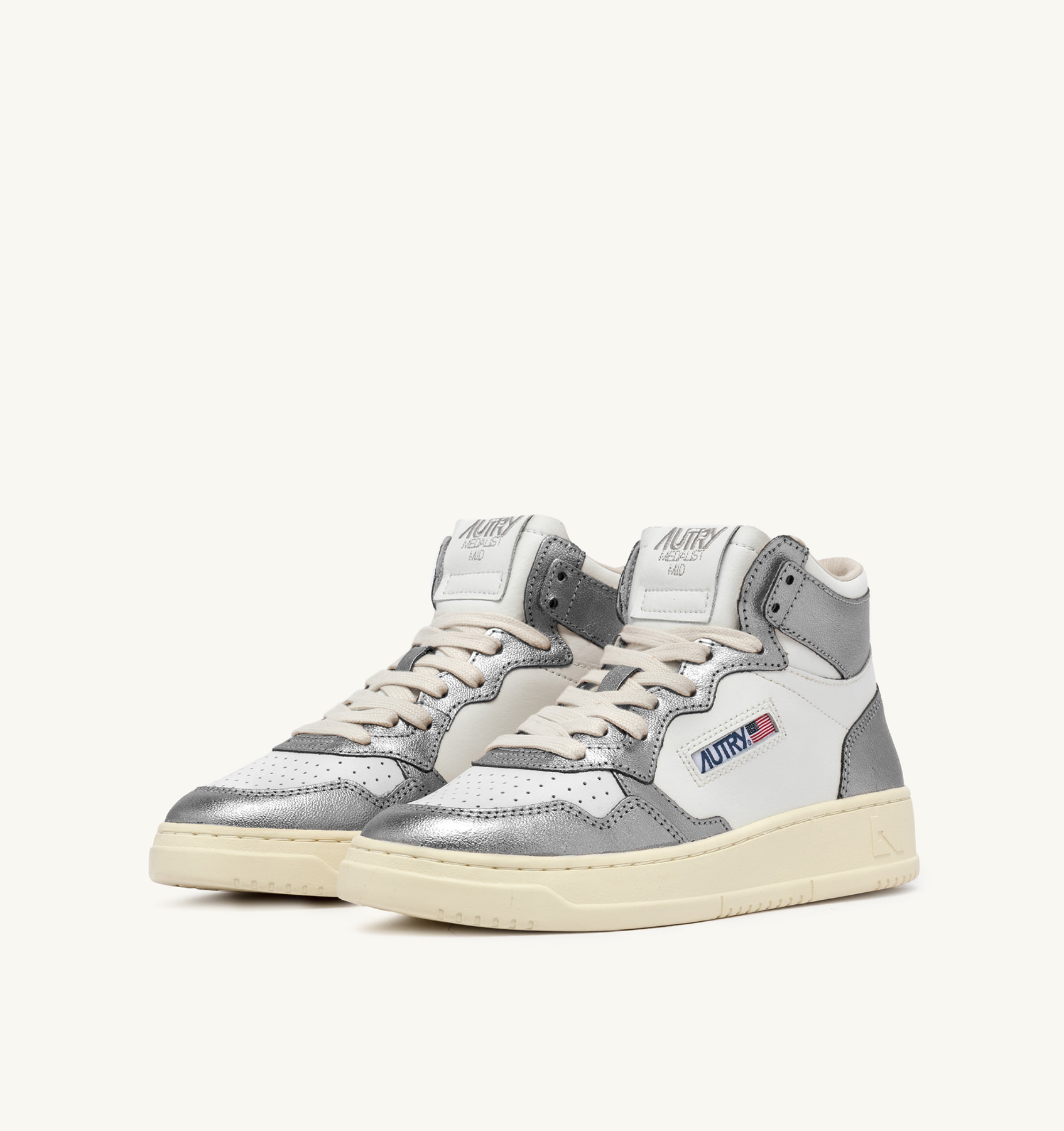 MEDALIST MID BICOLOR SNEAKERS IN WHITE AND METALIZED STEEL LEATHER