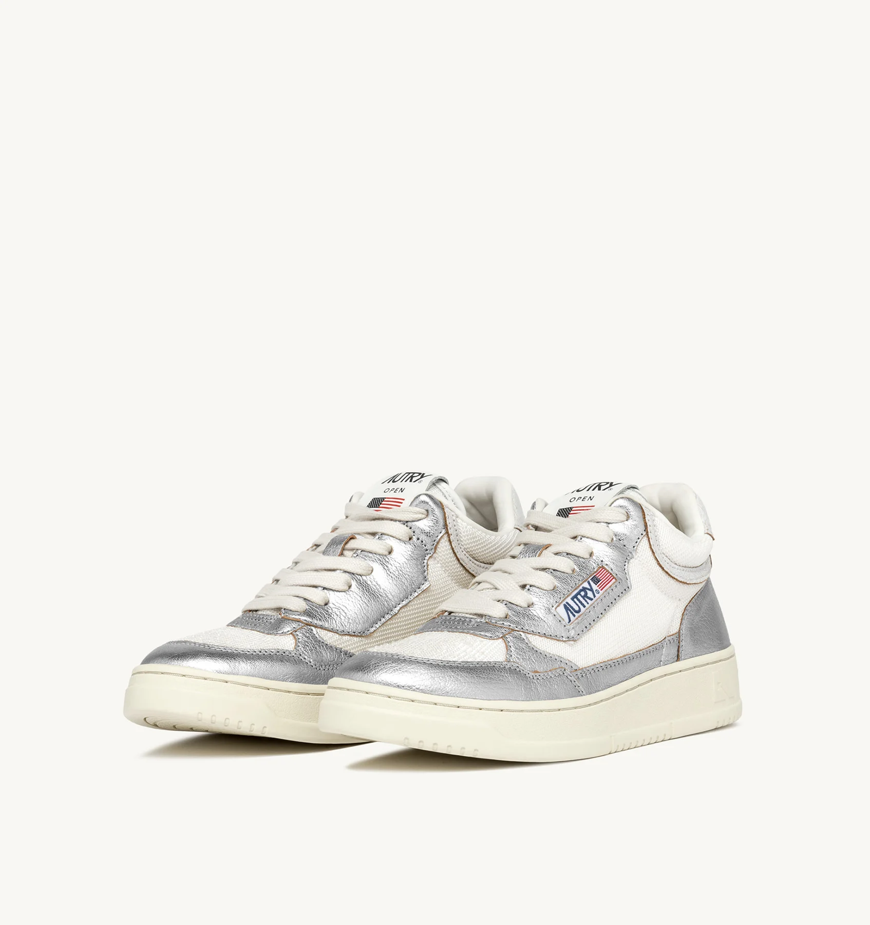 OPEN MID SNEAKERS IN WHITE MESH AND SILVER TONE LEATHER