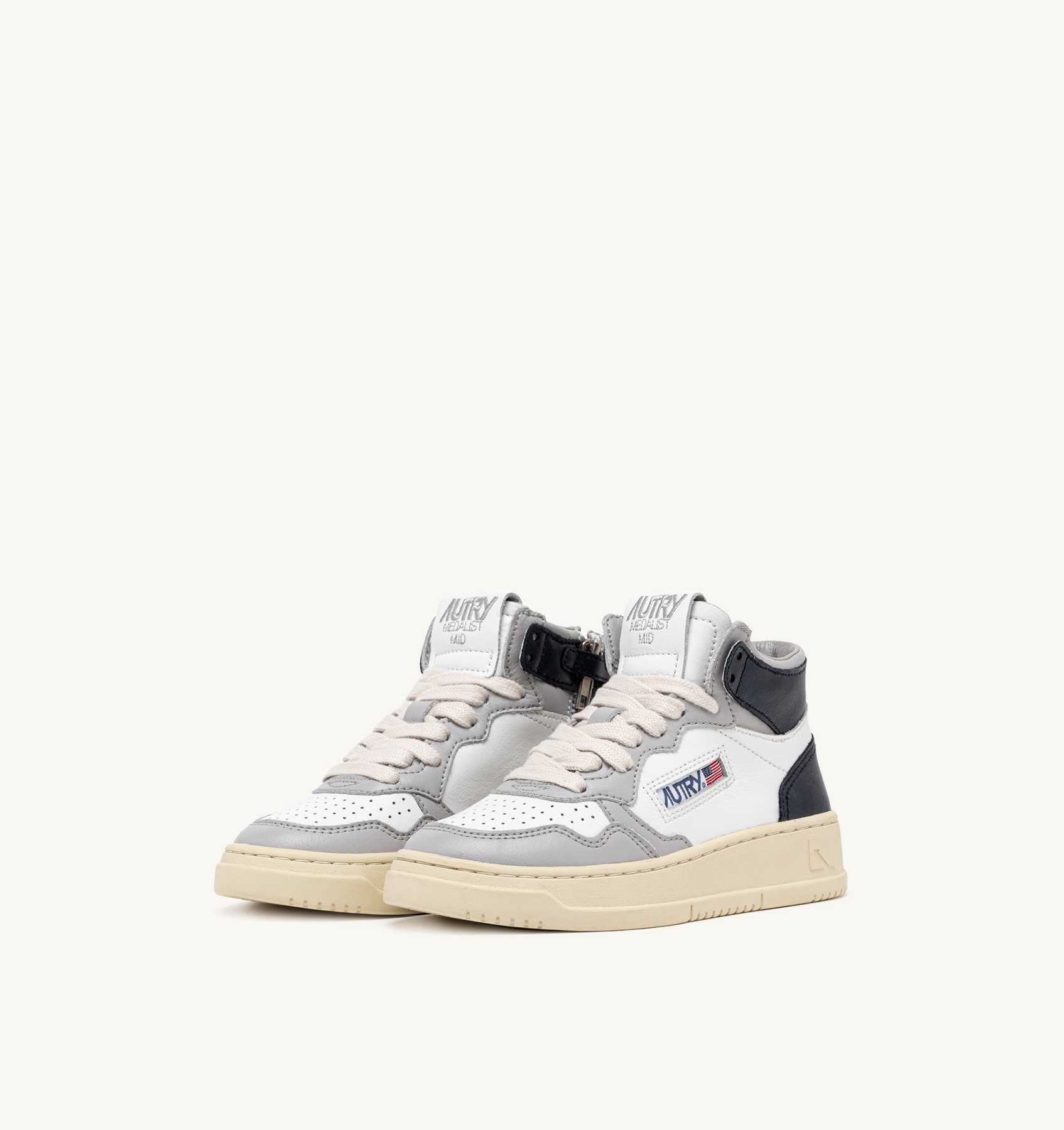 MEDALIST KIDS MID SNEAKERS IN LEATHER COLOR WHITE GRAY AND BLUE