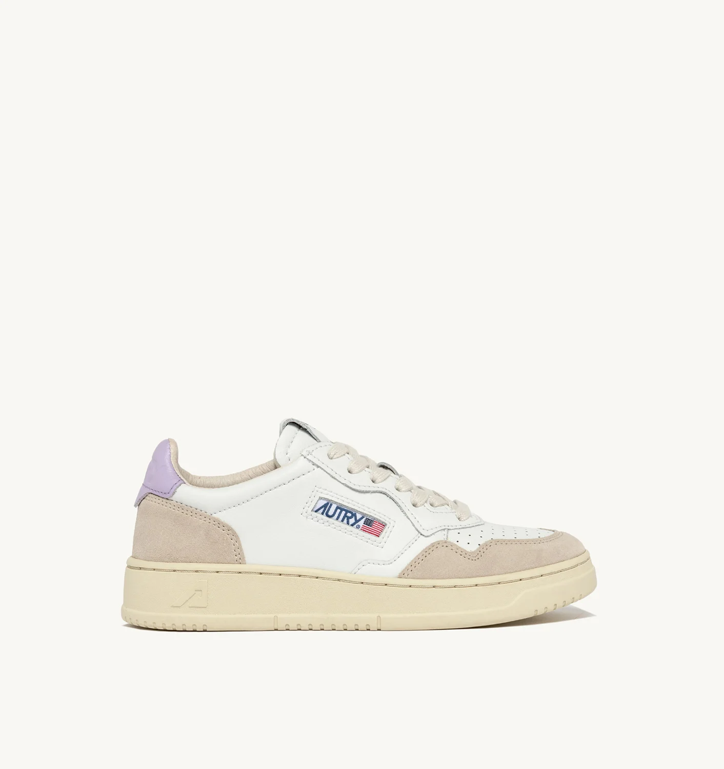 MEDALIST LOW SNEAKERS IN WHITE AND LILAC LEATHER AND BEIGE SUEDE