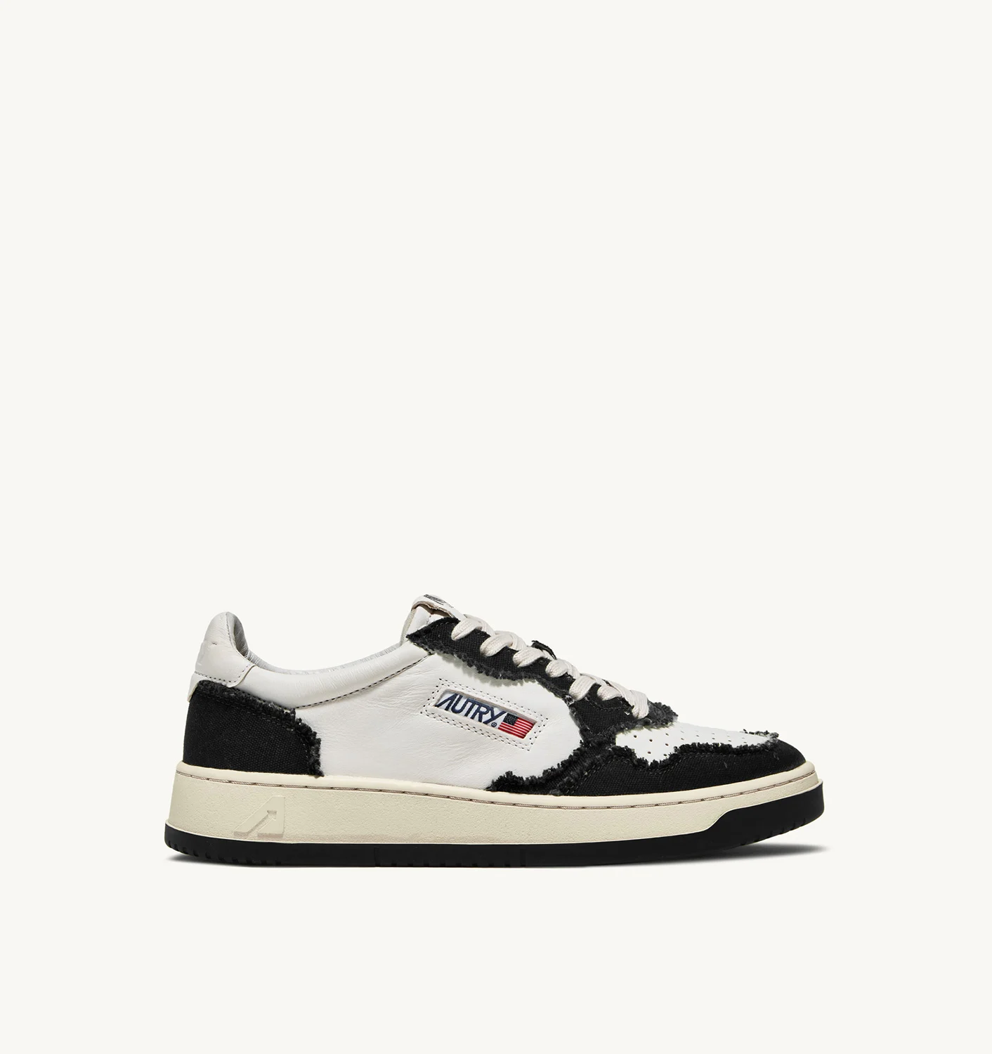 TWO-TONE MEDALIST LOW SNEAKERS IN SOFT GOATSKIN AND FRAYED CANVAS COLOR WHITE AND BLACK
