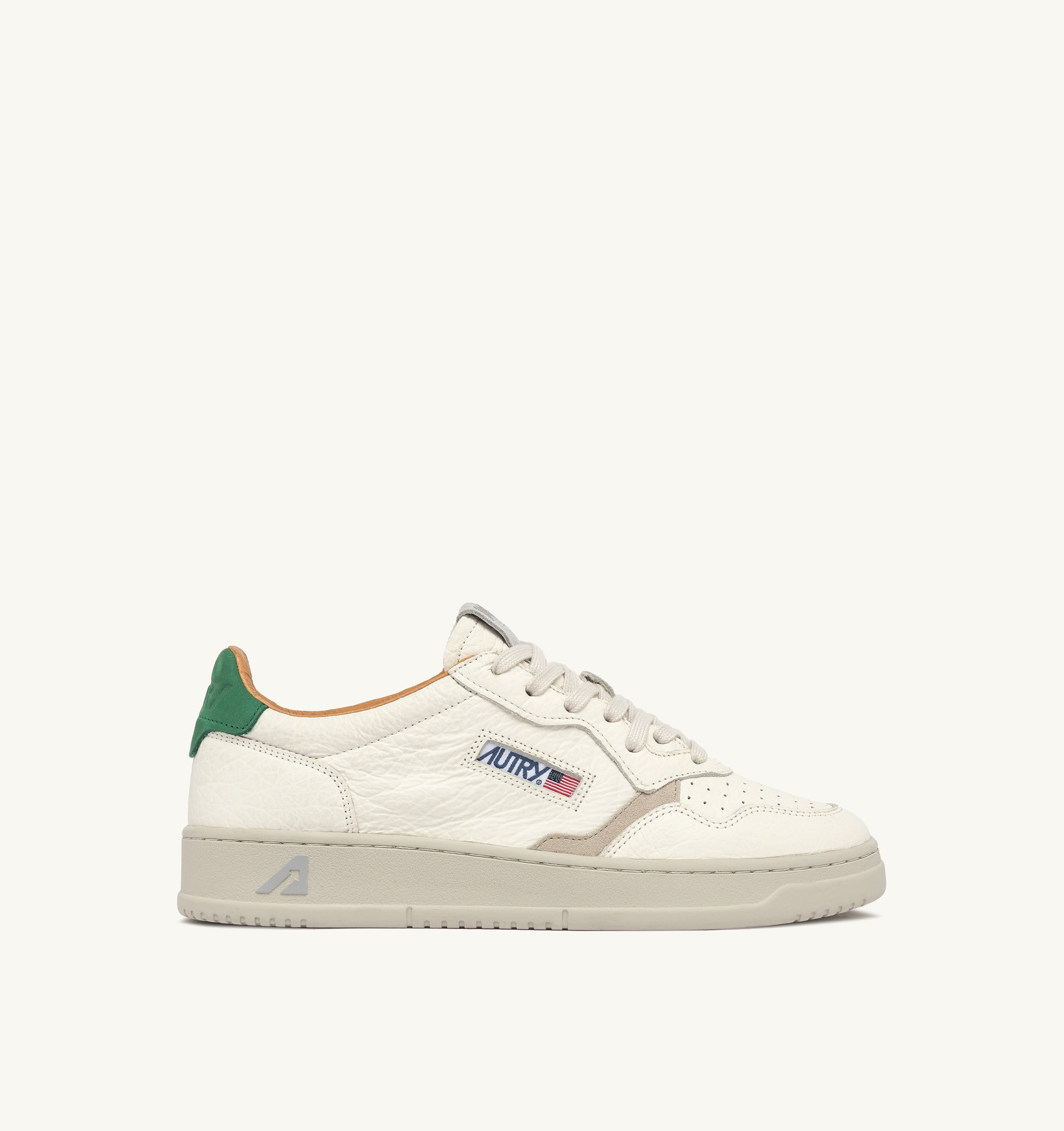 MEDALIST LOW SNEAKERS IN WHITE TEXTURED LEATHER WITH GREEN AND GRAY DETAILS