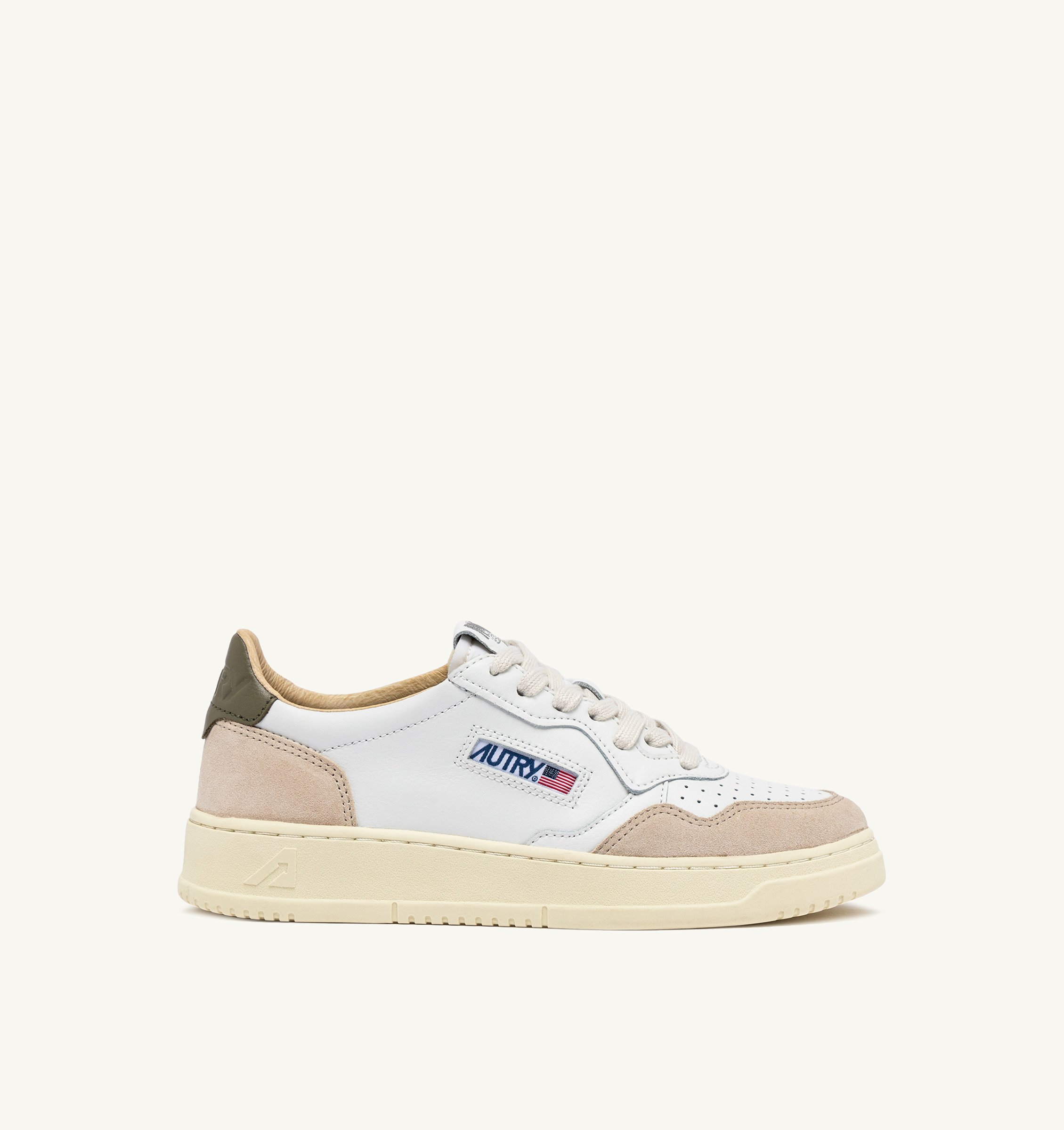 MEDALIST LOW SNEAKERS IN WHITE AND GREEN LEATHER AND BEIGE SUEDE
