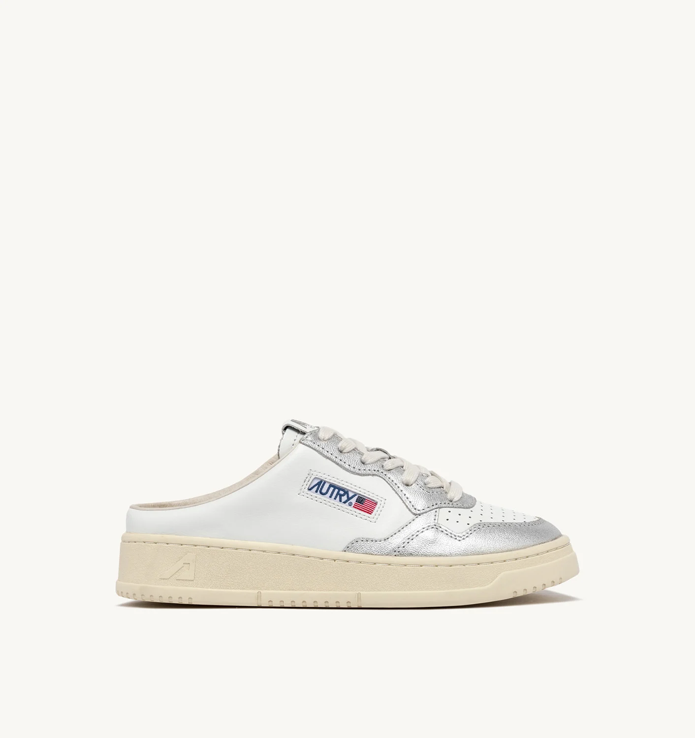 MEDALIST SABOT SNEAKERS IN WHITE AND SILVER LEATHER