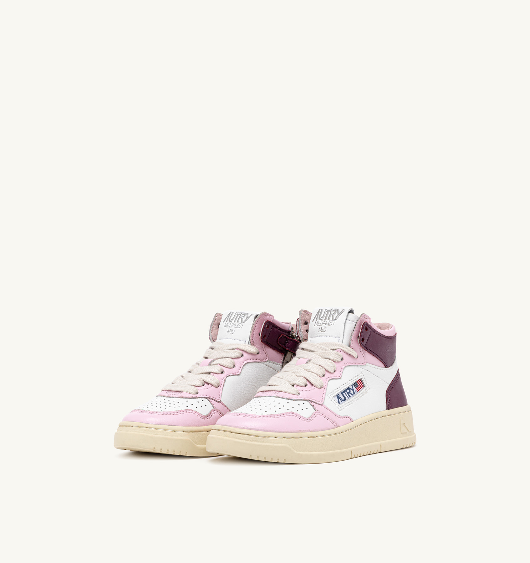 MEDALIST KIDS' MID SNEAKERS IN LEATHER COLOR WHITE PINK AND PURPLE
