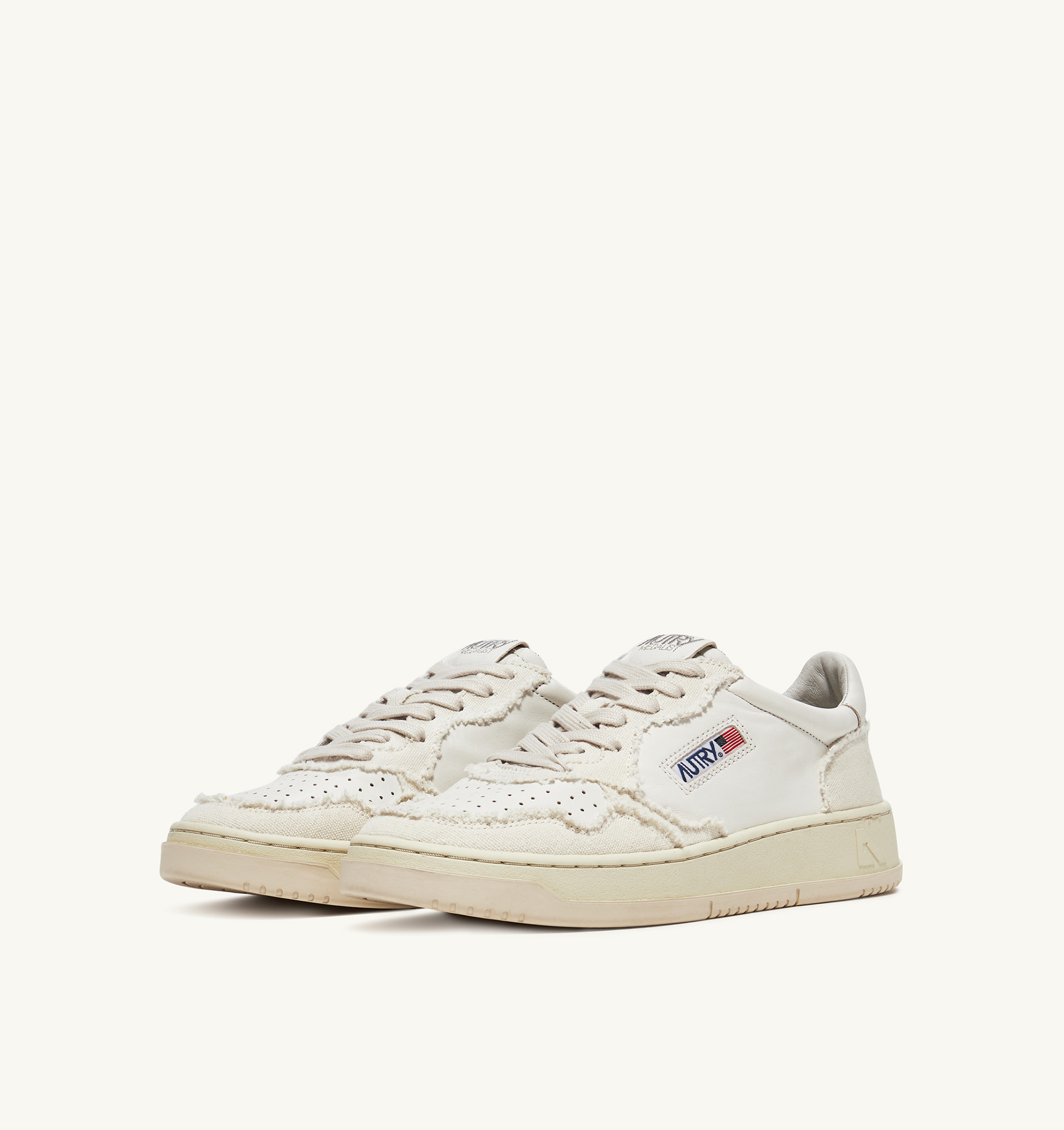 MEDALIST LOW SNEAKERS IN SOFT GOATSKIN AND FRAYED CANVAS COLOR WHITE AND IVORY WHITE